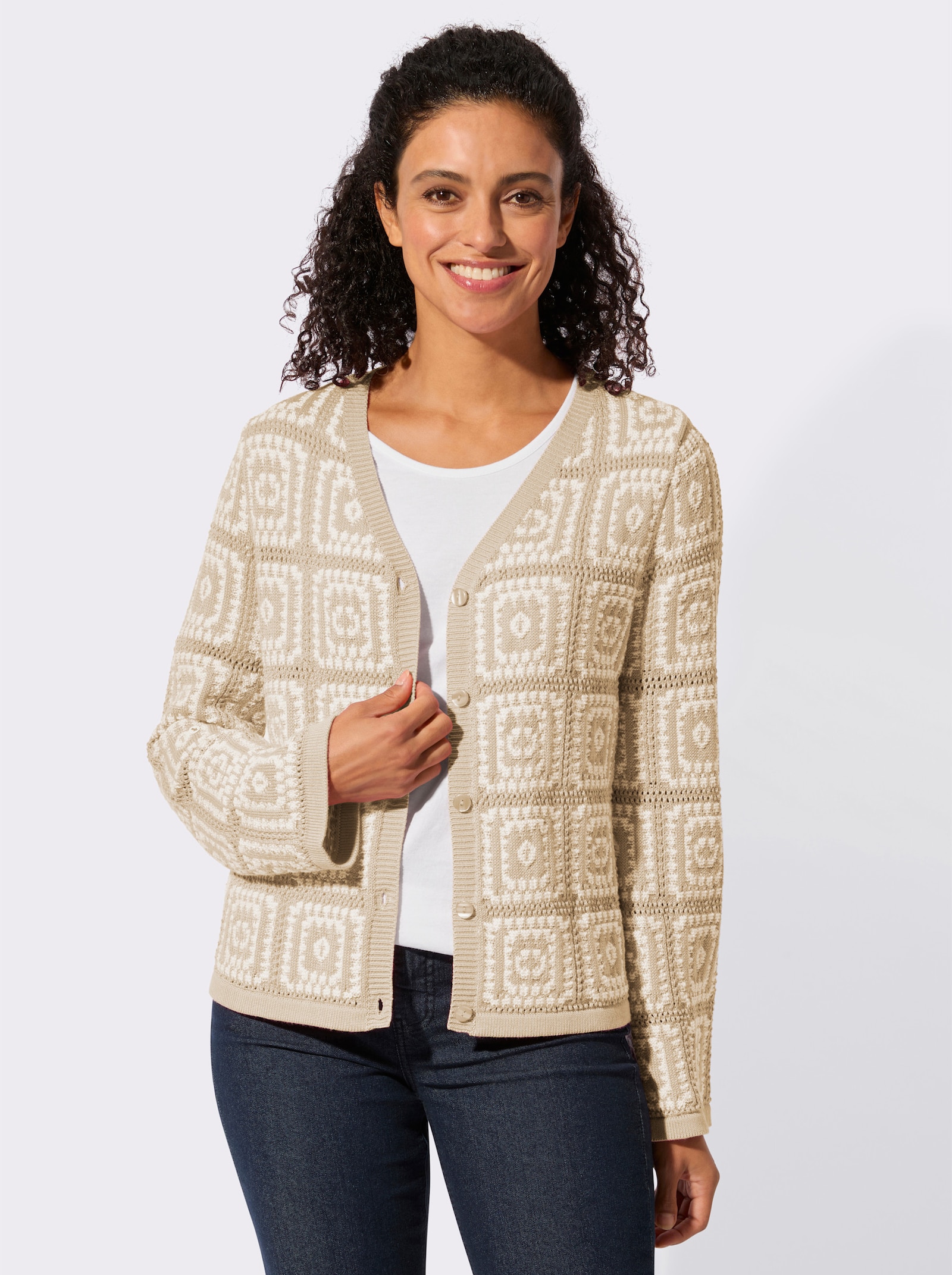 Strickjacke in Häkel-Optik - sand-weiß