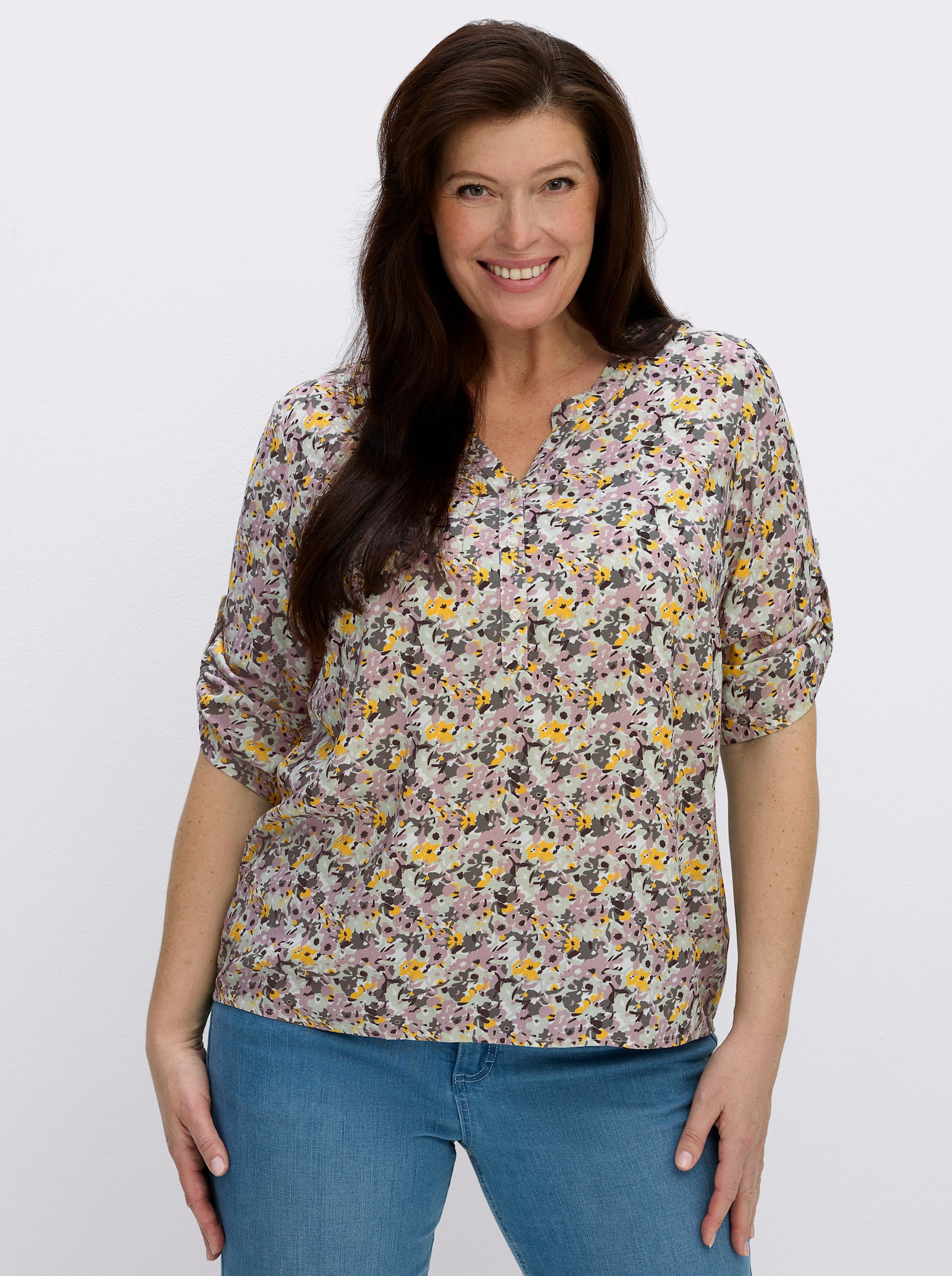 Druckbluse mit Krempelärmeln - hortensie-gelb-bedruckt