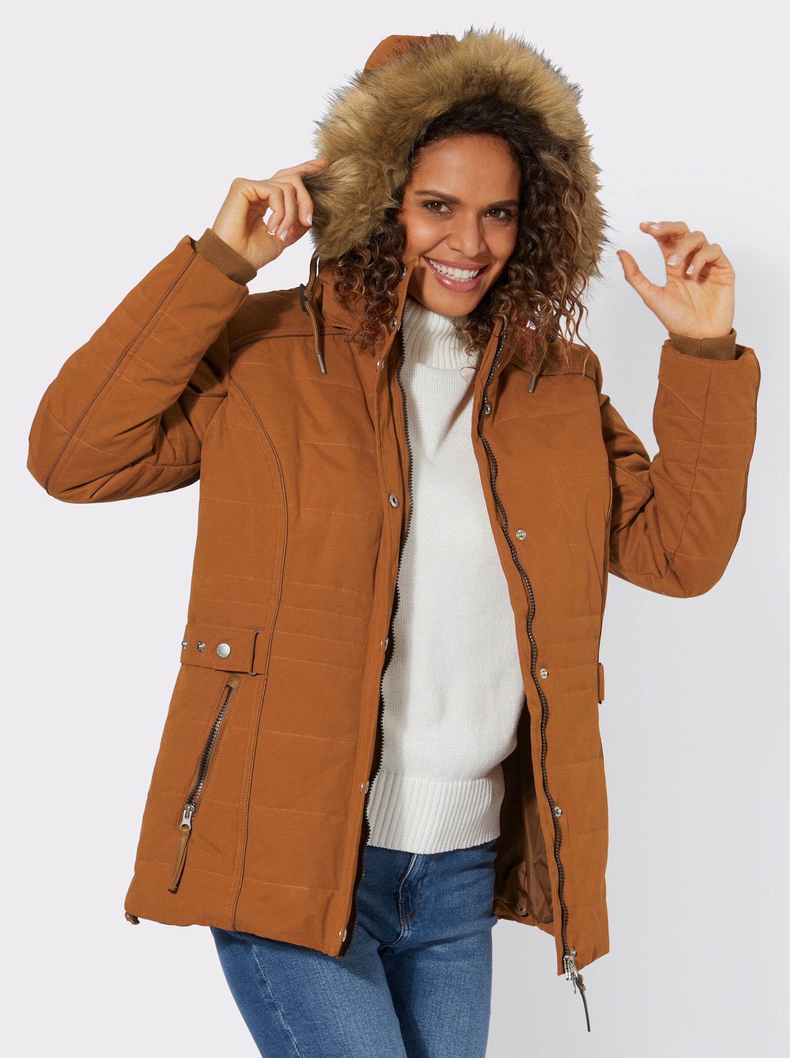 Steppjacke mit Pelz-Imitat, abknöpfbar - cognac