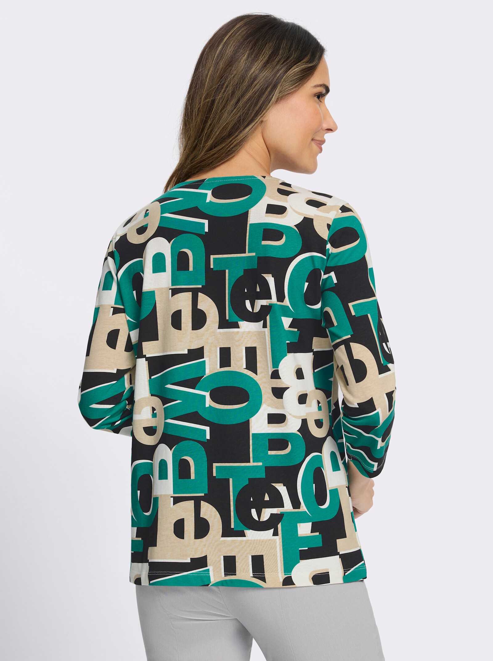 3/4-Arm-Shirt mit Lettering-Druck - smaragd-schwarz-bedruckt