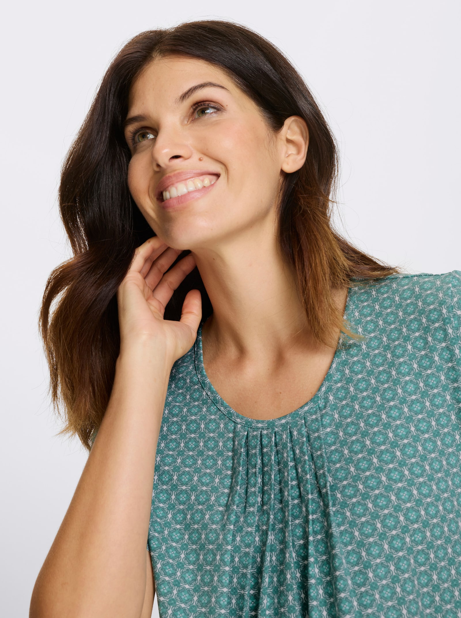 Shirt met korte mouwen en biezen - salie/wit bedrukt