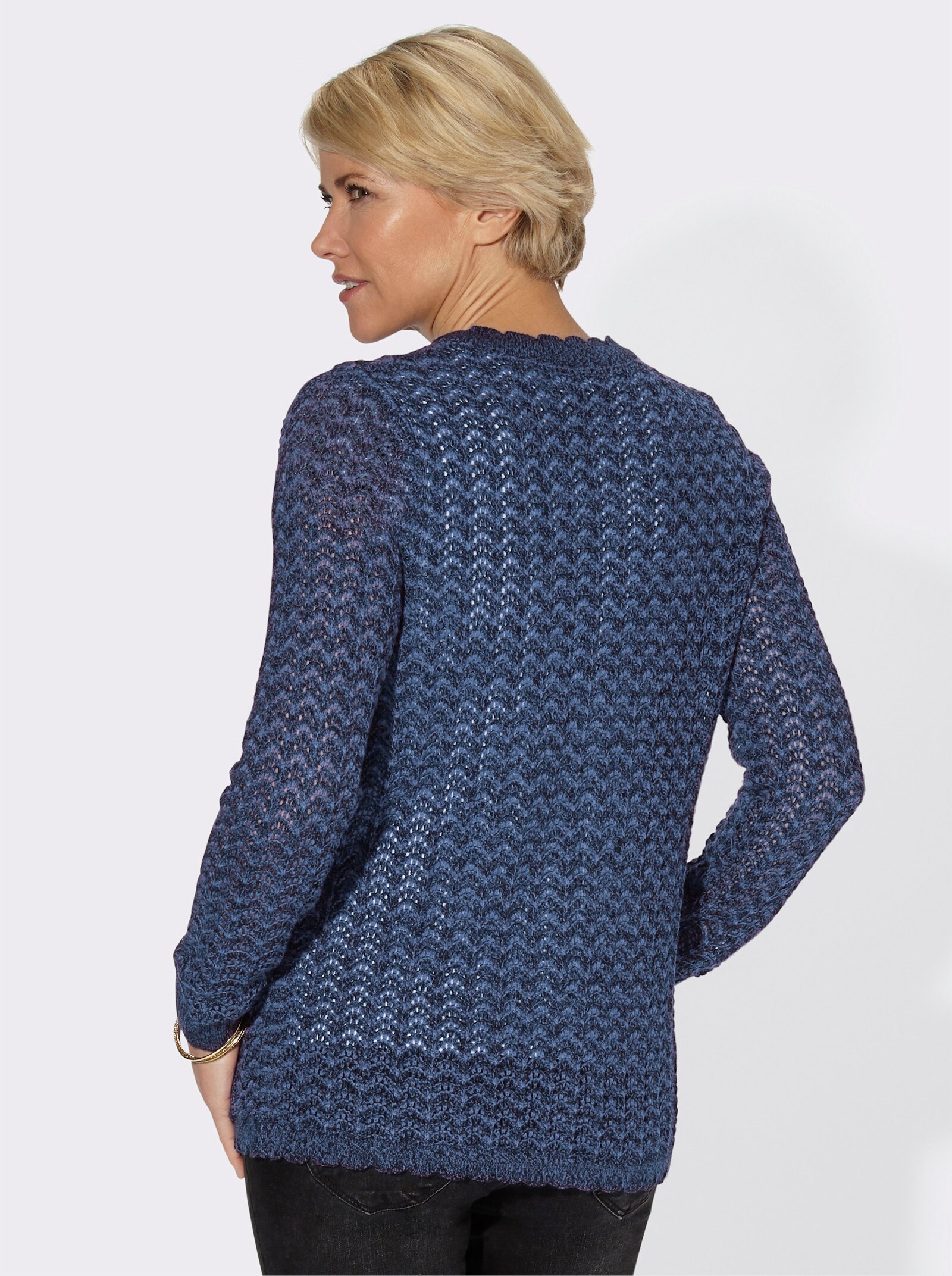Ajourstrickjacke in Melange-Optik - dunkelblau-meliert