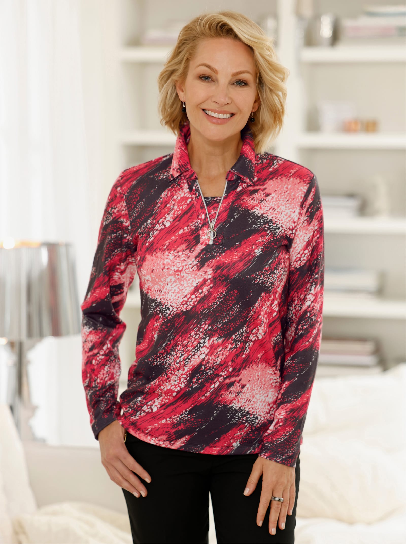 2-in-1-shirt met lange mouwen van licht opgeruwd materiaal - kers/zwart geprint