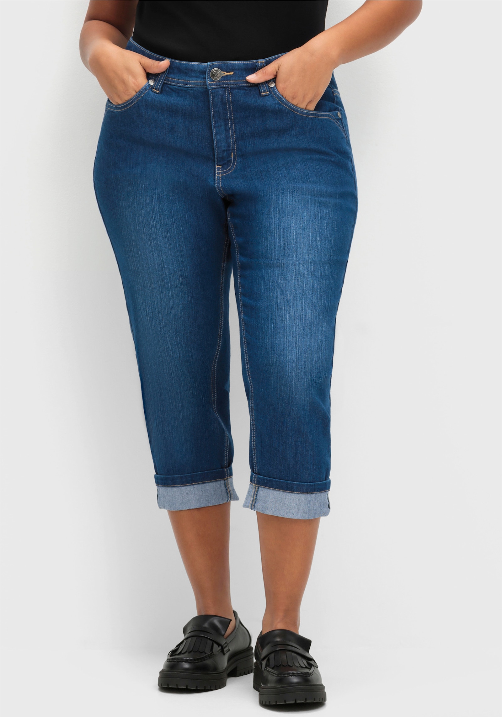 sheego 7/8-jeans in smal model, met contrastband - blue denim