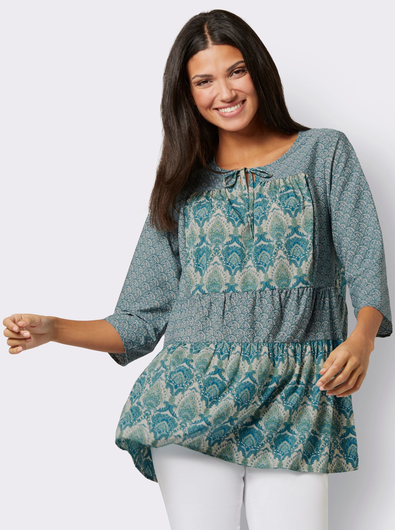 Longbluse mit Bindeband am Ausschnitt - eucalyptus-aquapetrol-bedruckt