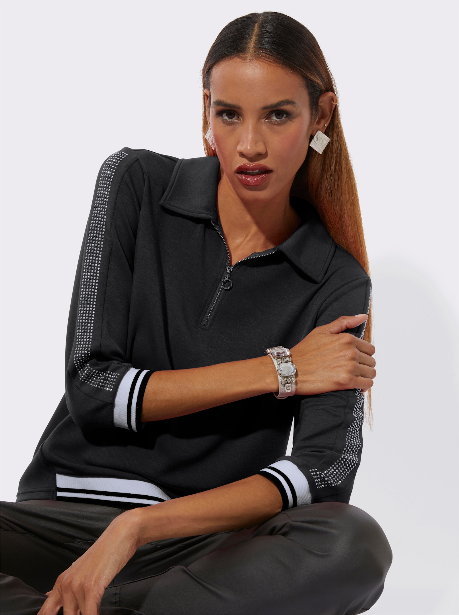 Langarm-Poloshirt mit Modal (TENCEL) - schwarz