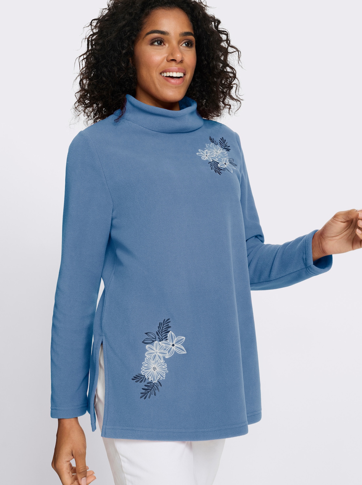 Fleeceshirt in Longform mit Stehkragen - mittelblau