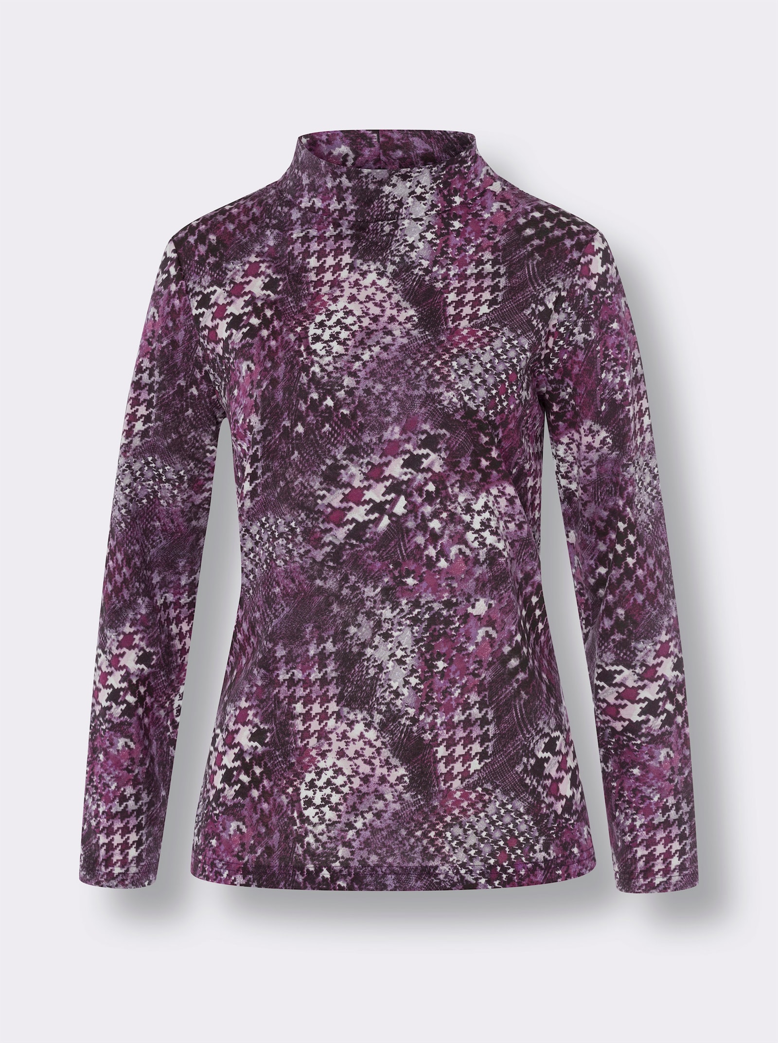 Stehkragenshirt mit Hahnentritt-Muster - bordeaux-schwarz-bedruckt
