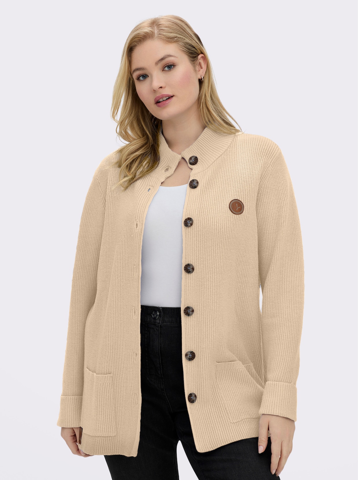 Longstrickjacke mit Stehkragen - elfenbein