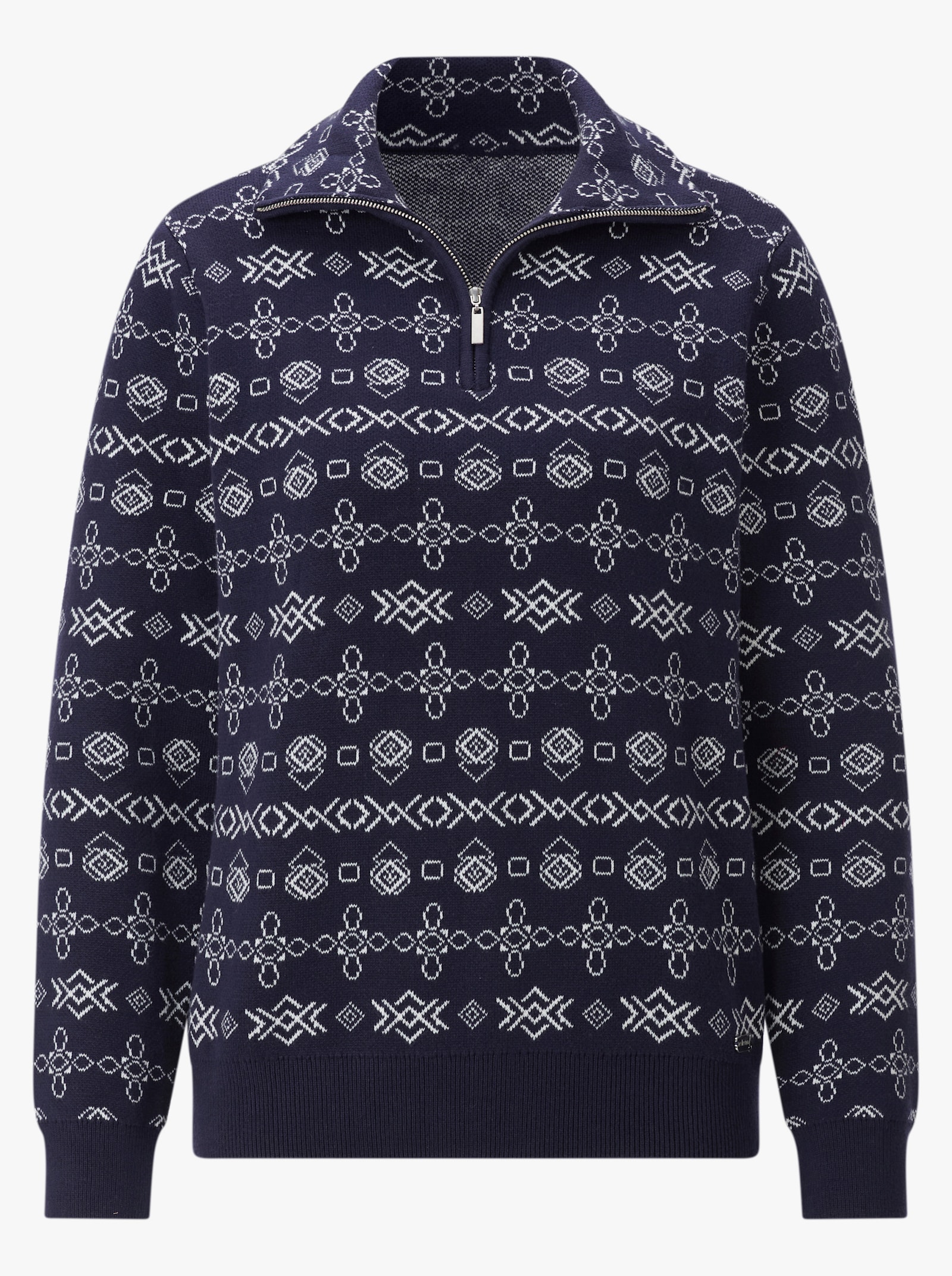 Jacquard-Pullover mit geripptem Saum - marine-ecru-gemustert