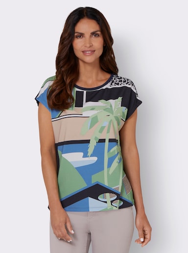 Kurzarmshirt hinten länger geschnitten - marine-apfel-bedruckt