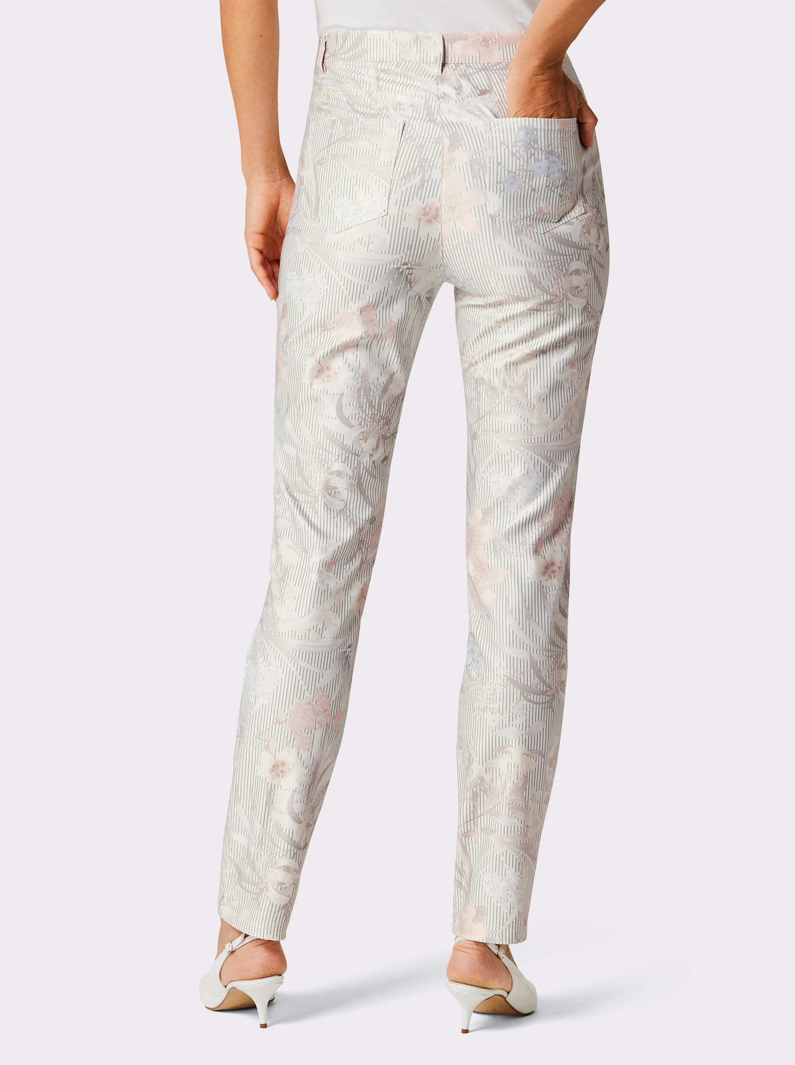 CREATION L PREMIUM 5-Pocket-Jeans in softer Twill-Qualität - ecru-rosé-bedruckt