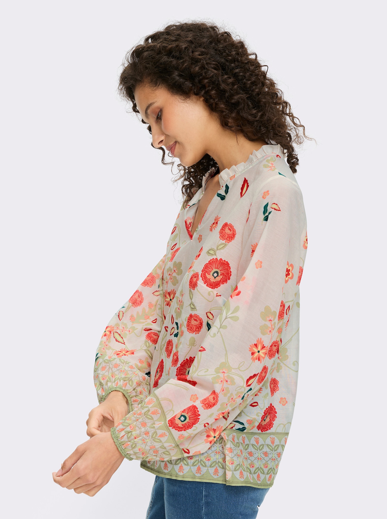 heine Blouse met print en ballonmouwen - champagne/rietgroen bedrukt