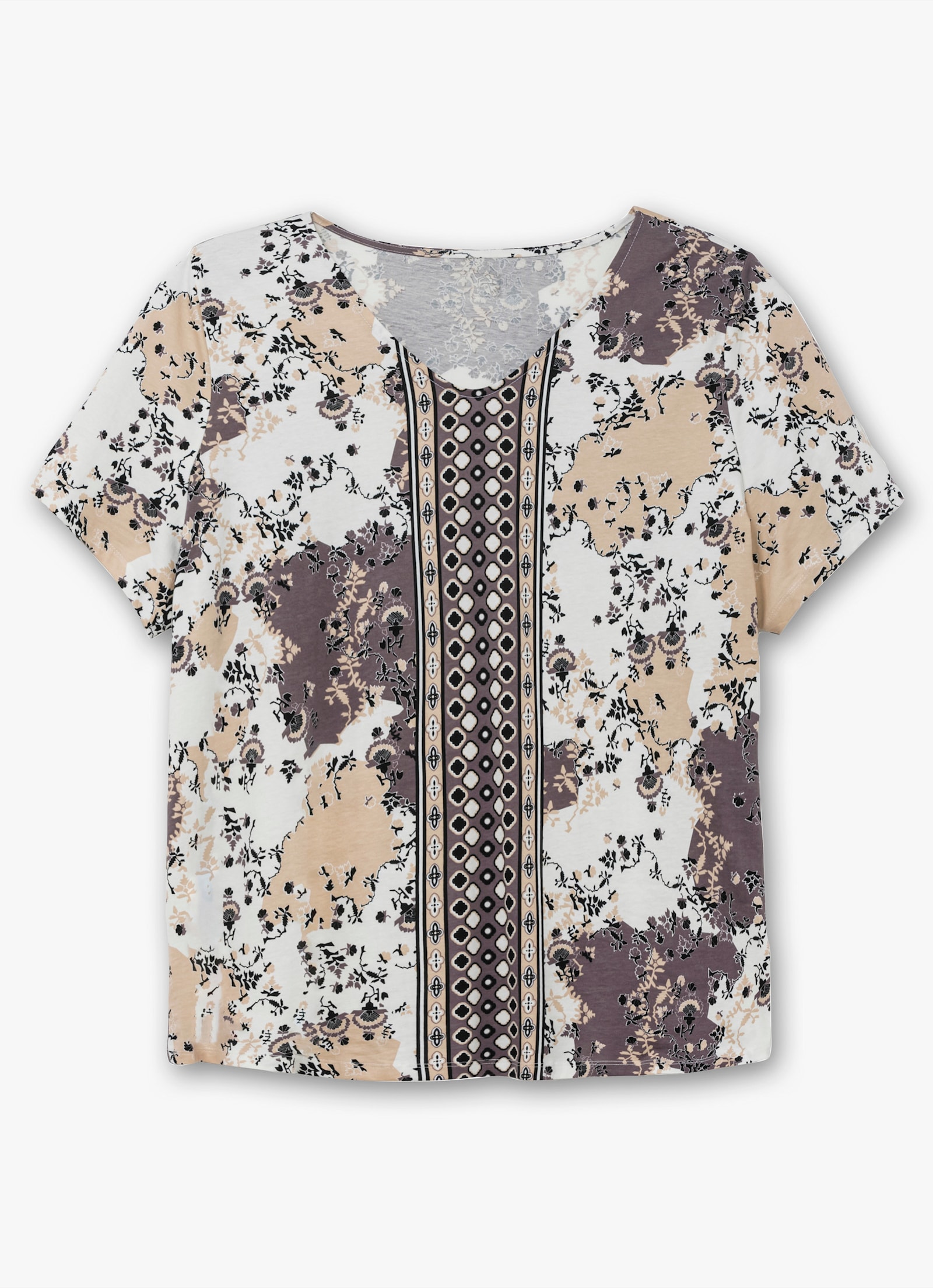 Kurzarmshirt aus reiner Baumwolle - ecru-grau-bedruckt