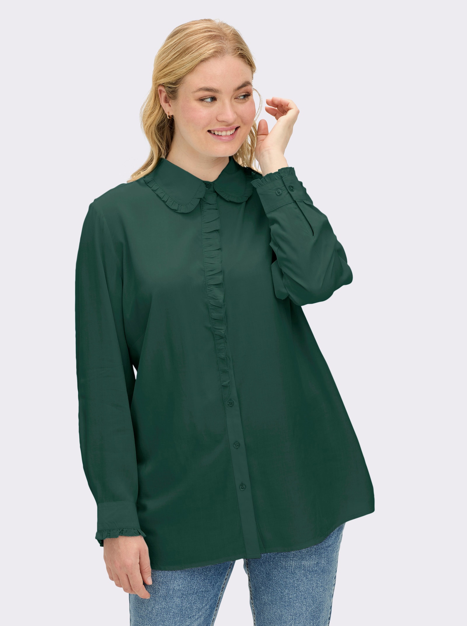 sheego Hemdbluse mit gerüschter Knopfleiste - moos