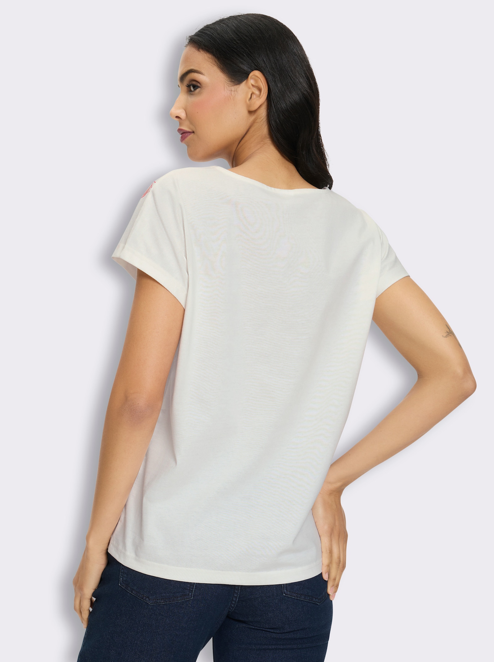 Print-Shirt mit überschnittenen Schultern - ecru-flamingo-bedruckt