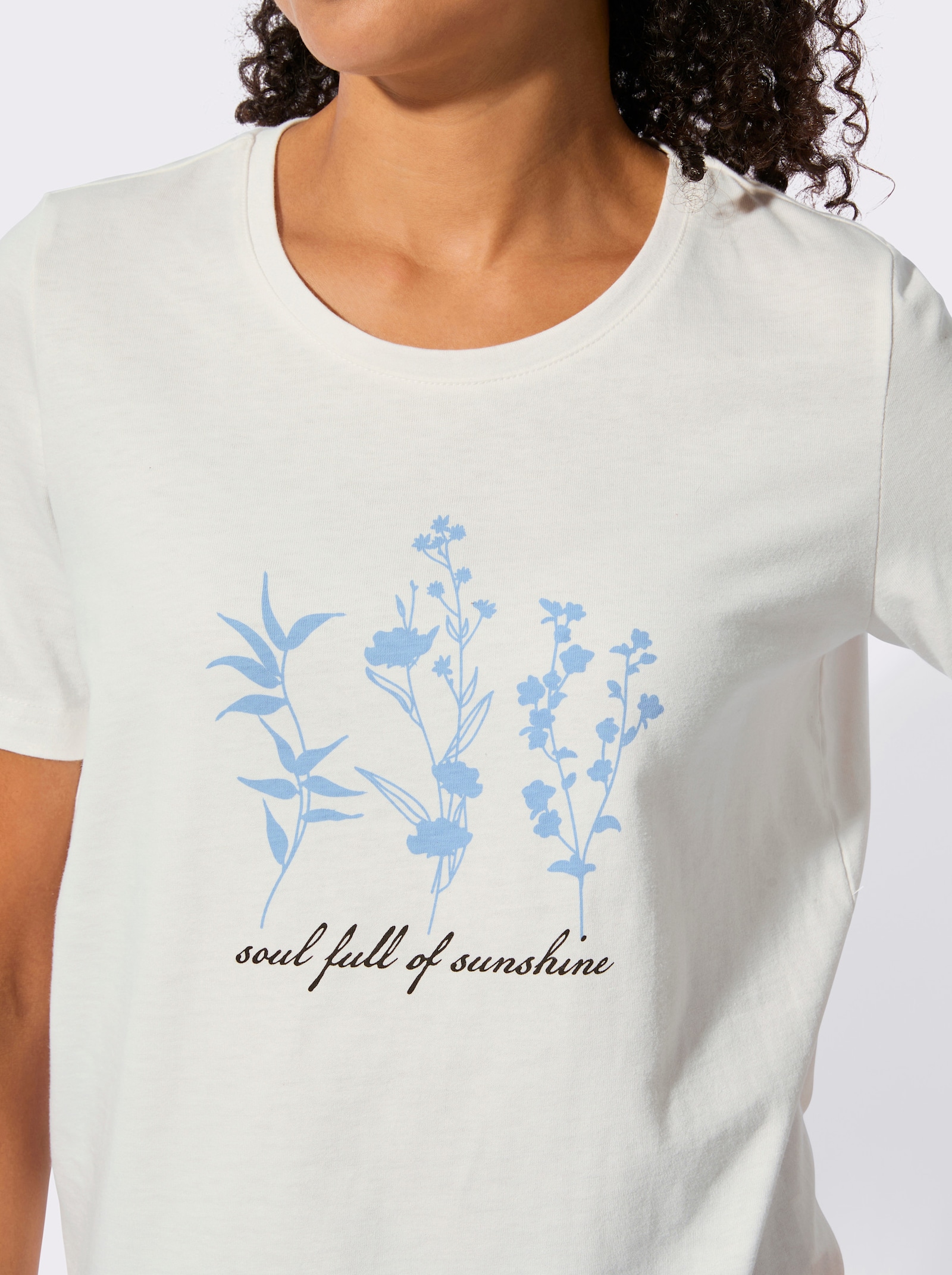 Kurzarmshirt mit floralem Motiv - ecru-himmelblau-bedruckt