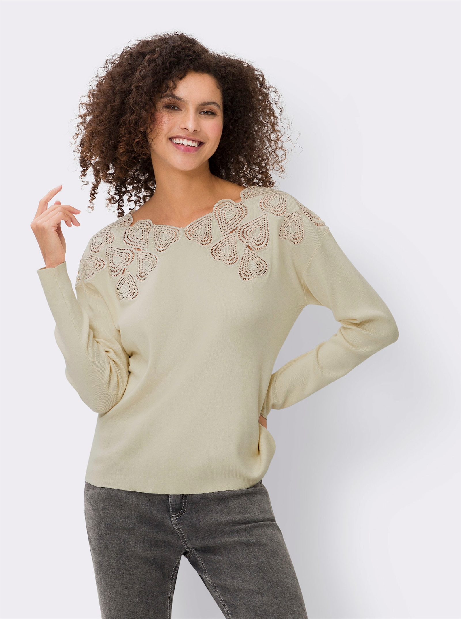 heine Feinstrickpullover mit Herz-Spitze - champagner