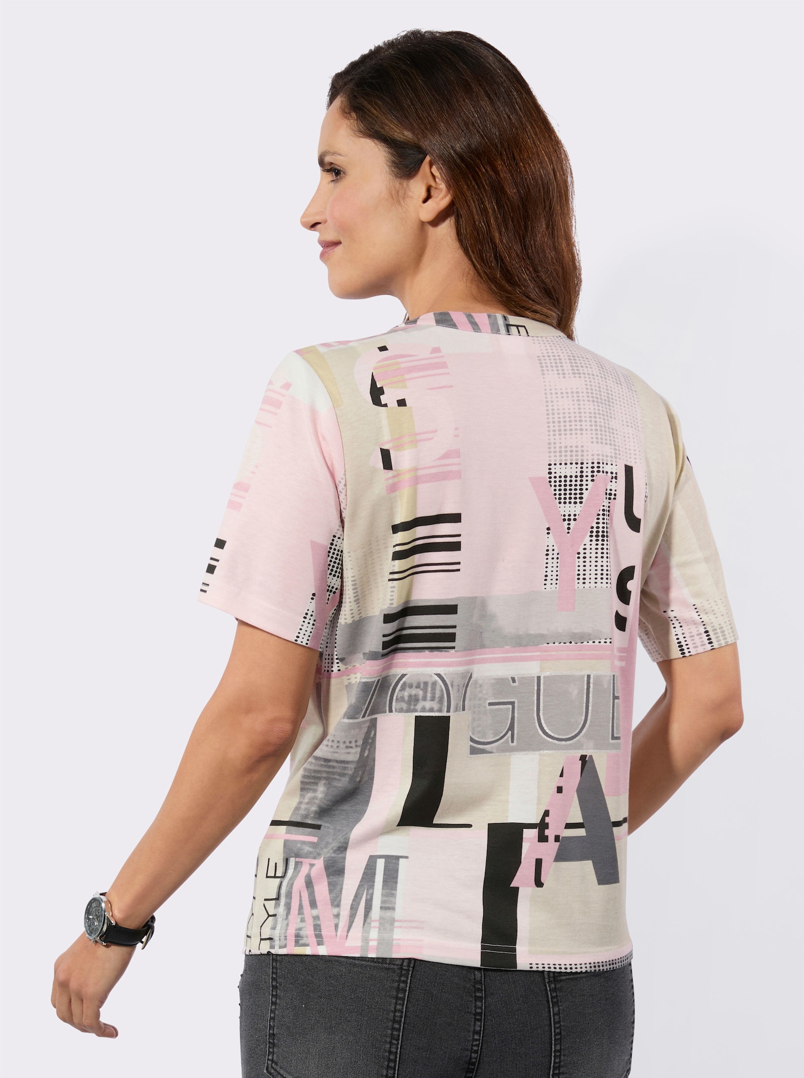 Kurzarmshirt im Baumwoll-Modal-Mix - hortensie-sand-bedruckt