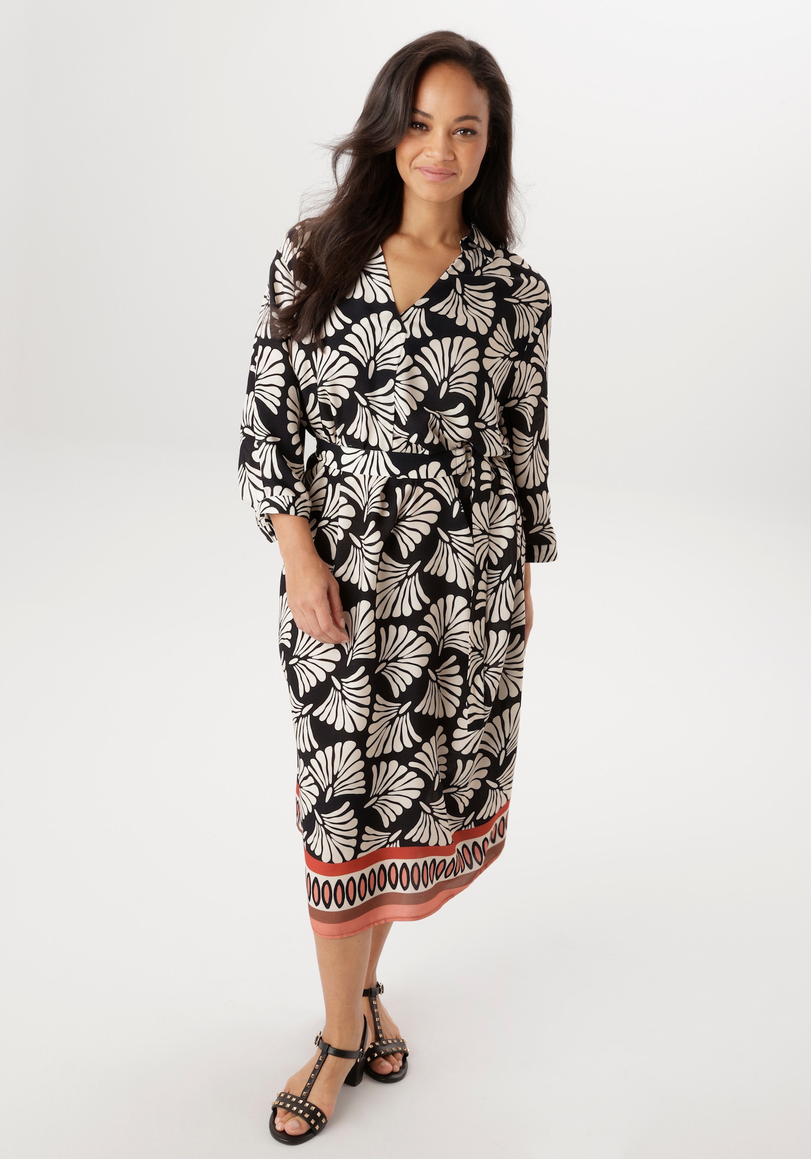 Aniston PLUS Blusenkleid - schwarz-weiß-orange