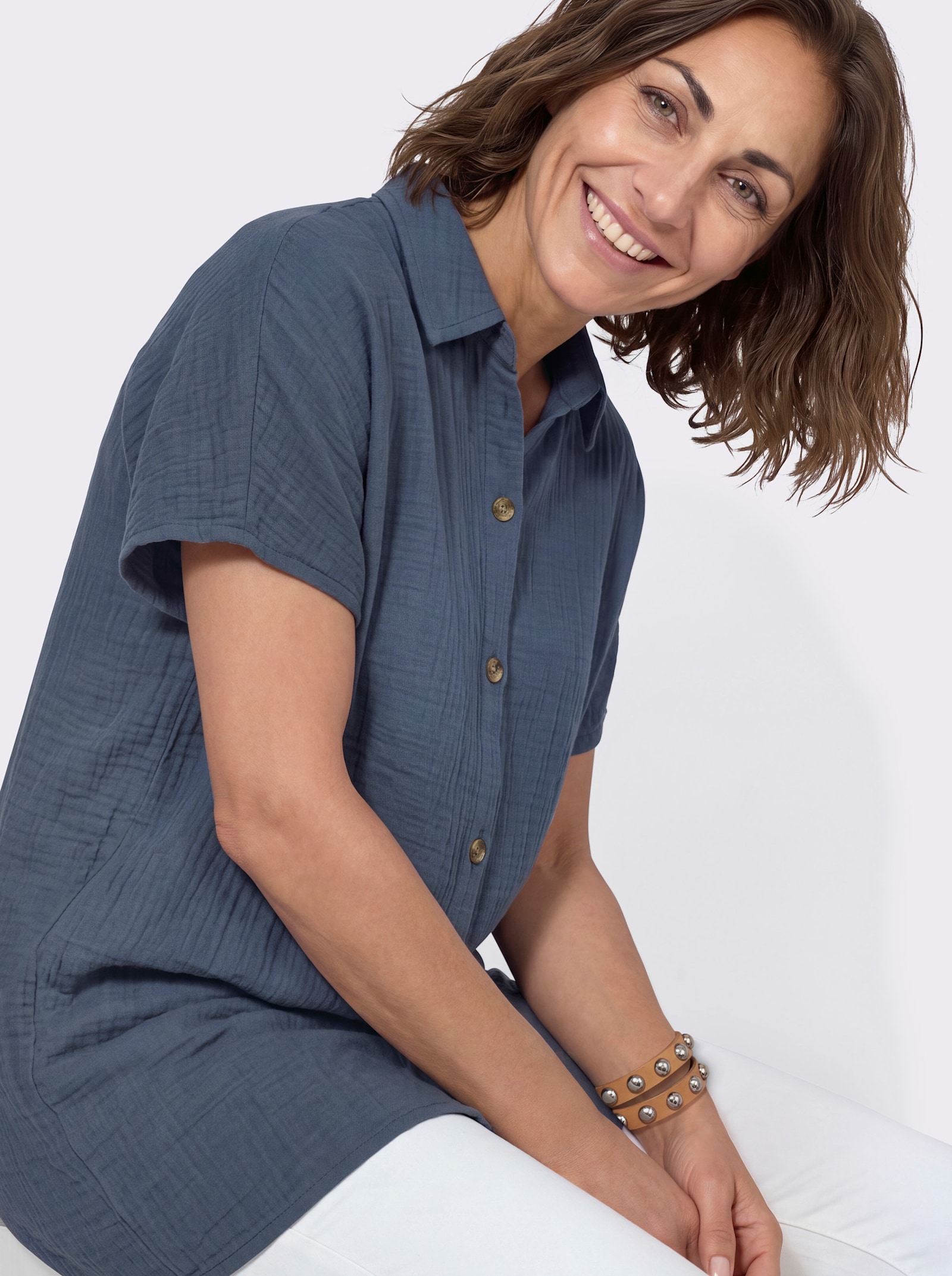 Longbluse mit Knopfleiste - rauchblau