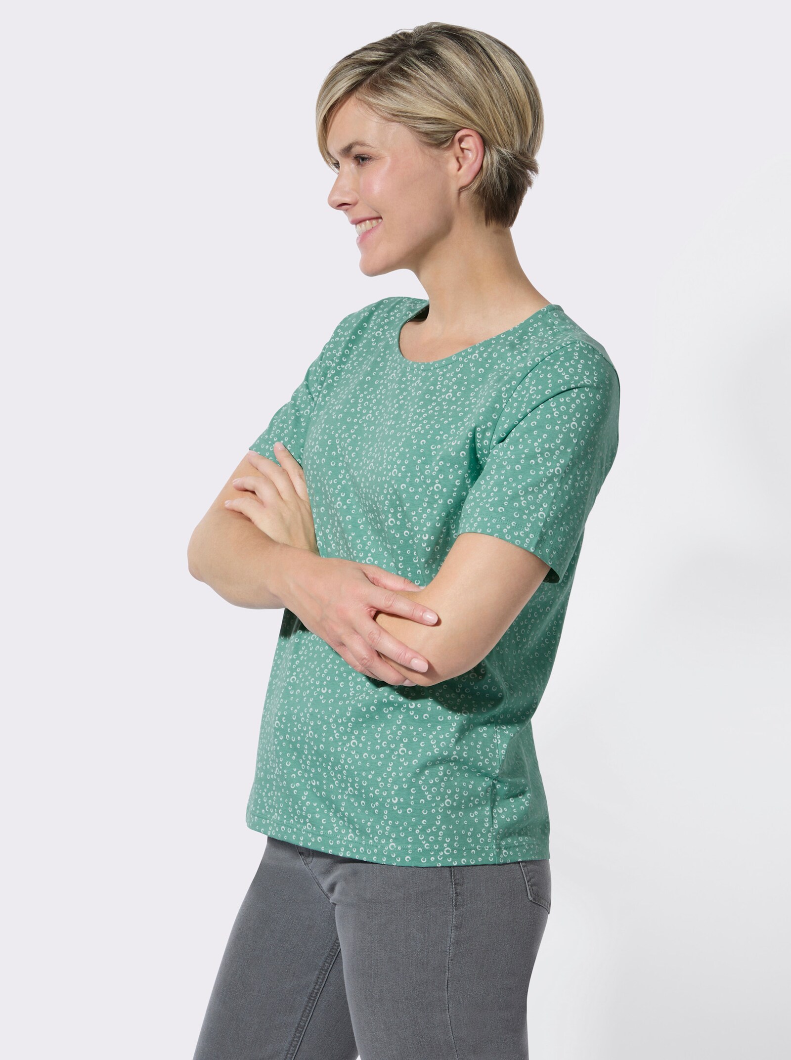 Rundhalsshirt im 2er-Pack - salbei-weiß-getupft + salbei