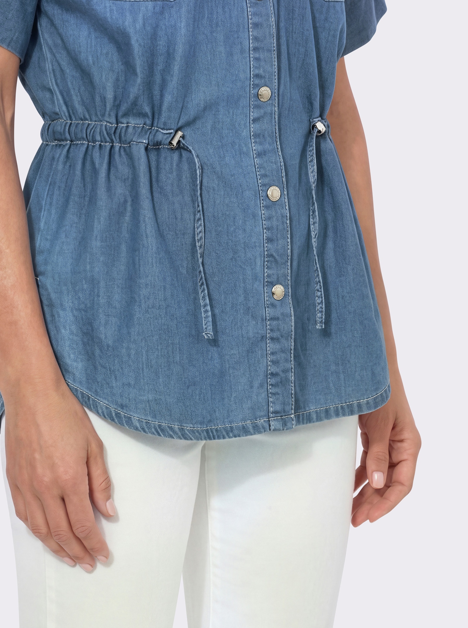 Jeansbluse mit regulierbarem Taillen-Kordelzug - blue-bleached