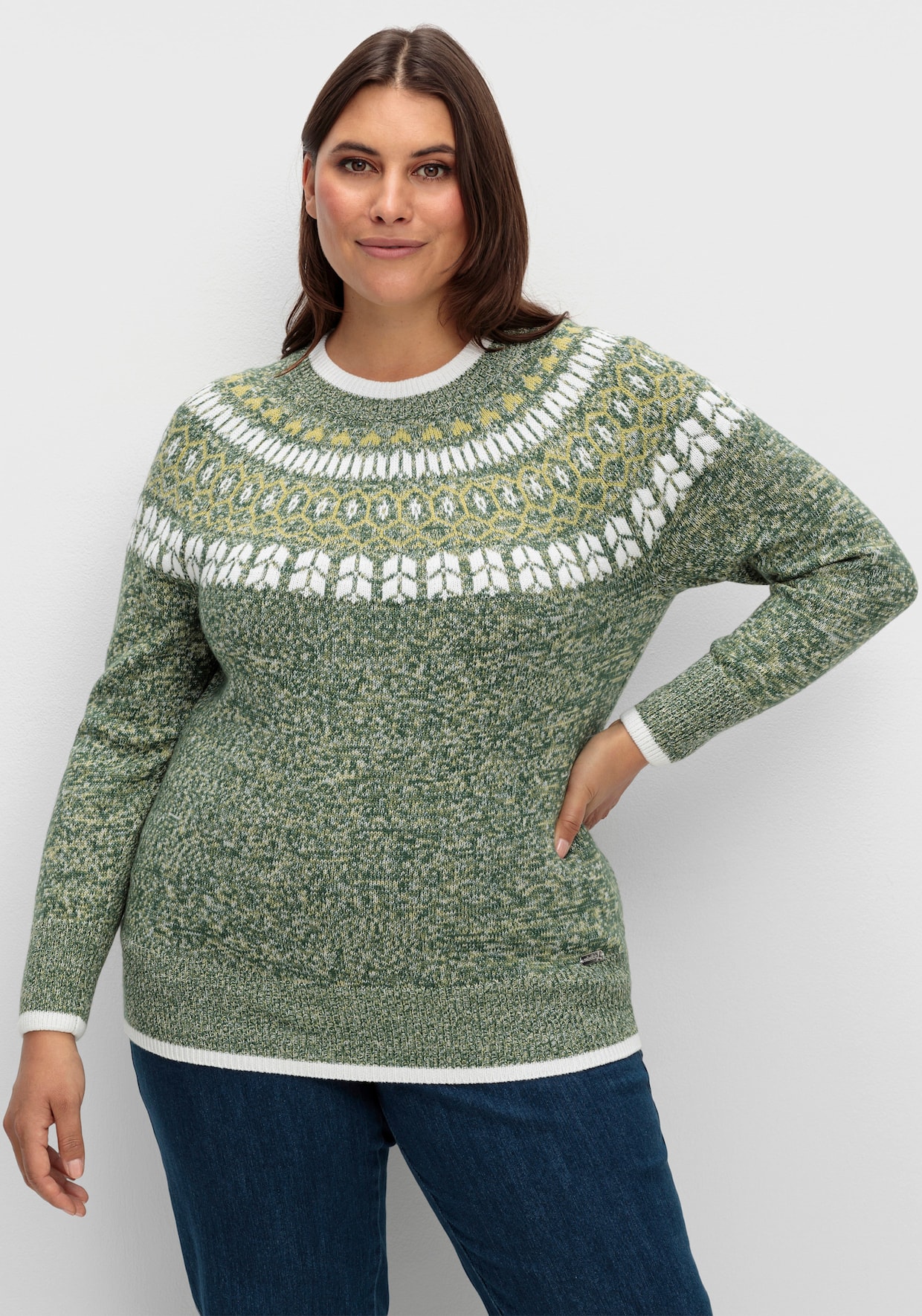 Norwegerpullover mit breiten Rippbündchen - moos-lindgrün-meliert