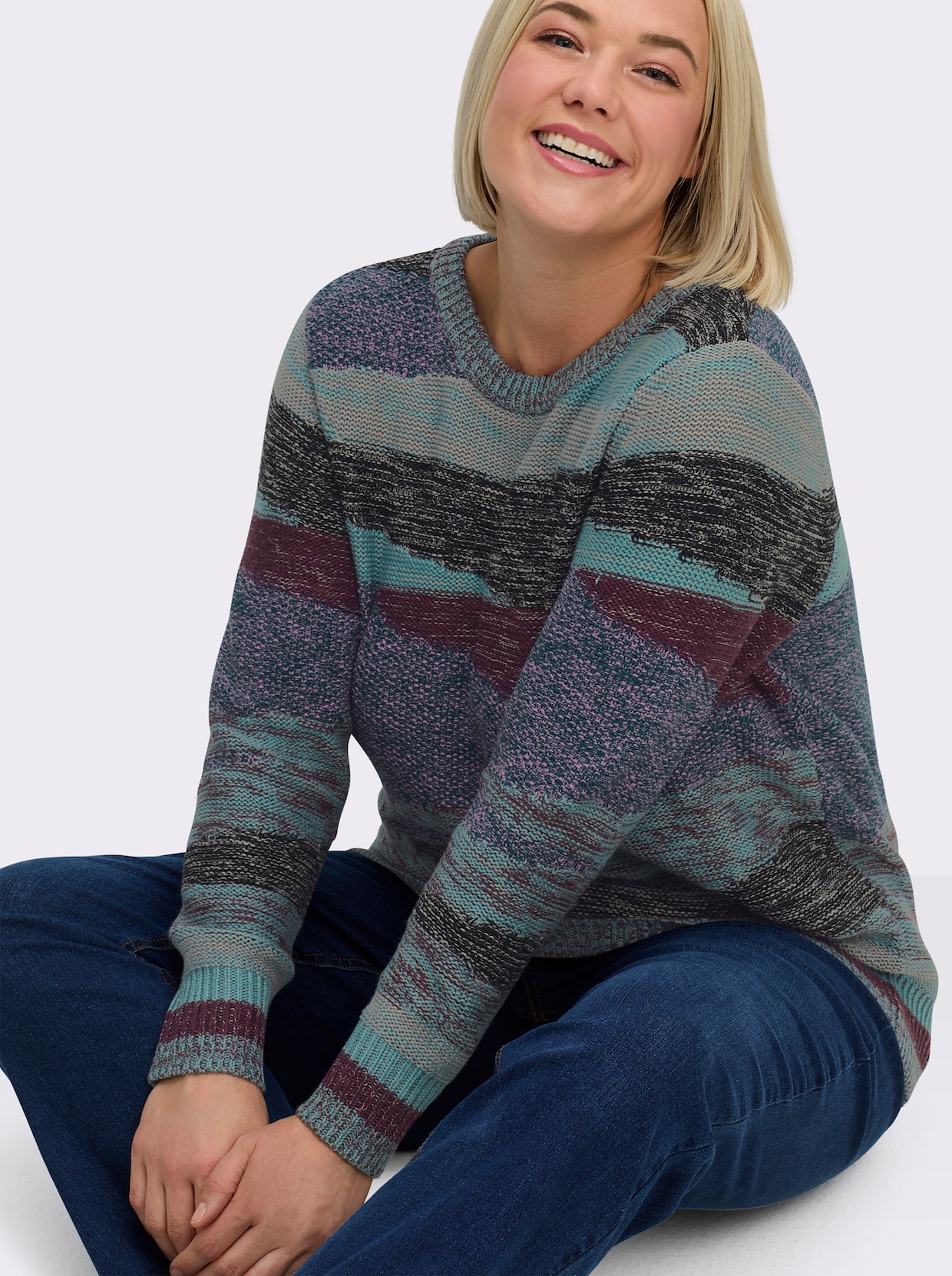 Strickpullover mit farbigen Rippbündchen - jade-steingrau-gemustert