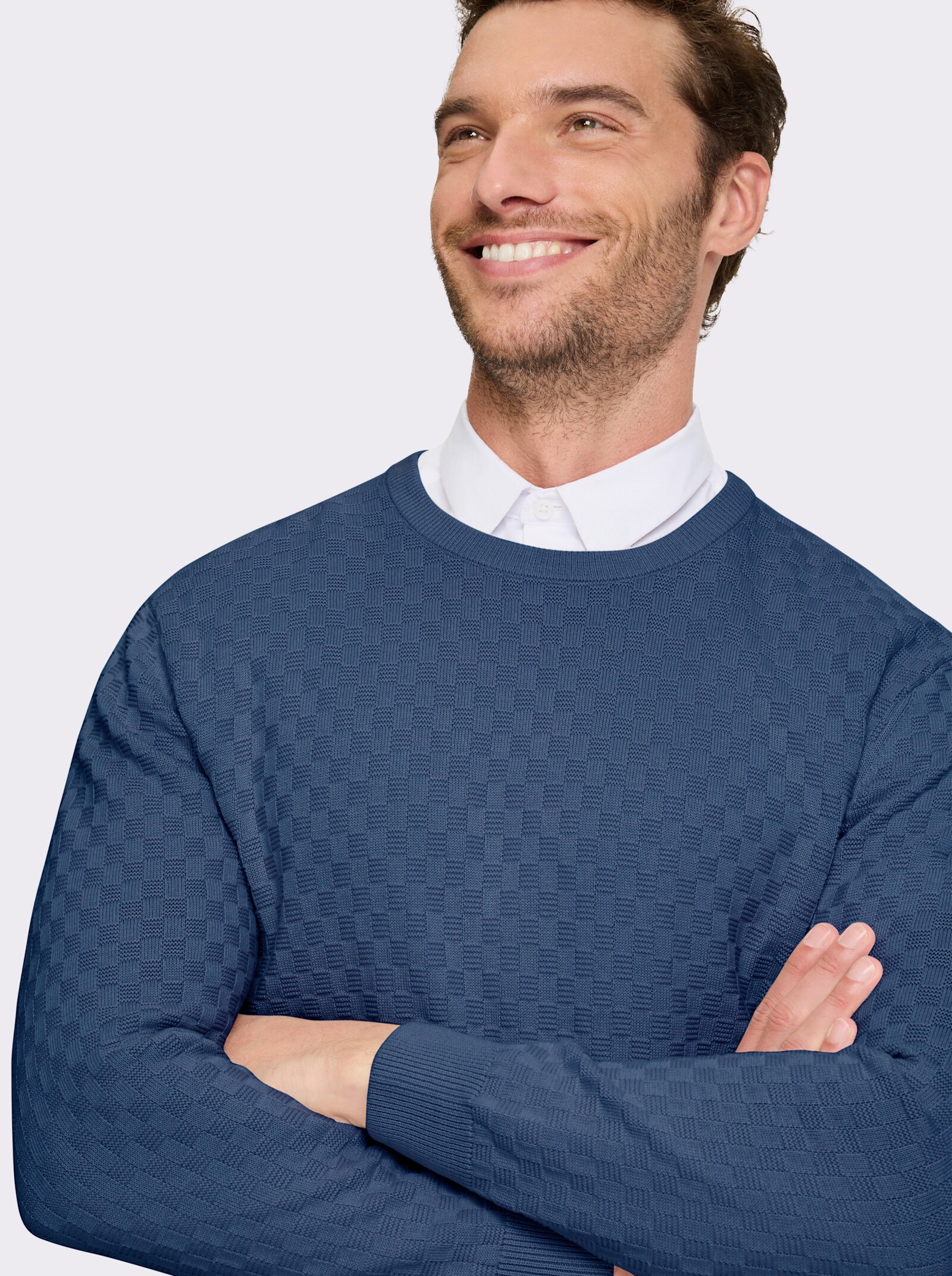 Marco Donati Rundhalspullover im Schachbrett-Muster rundum - jeansblau