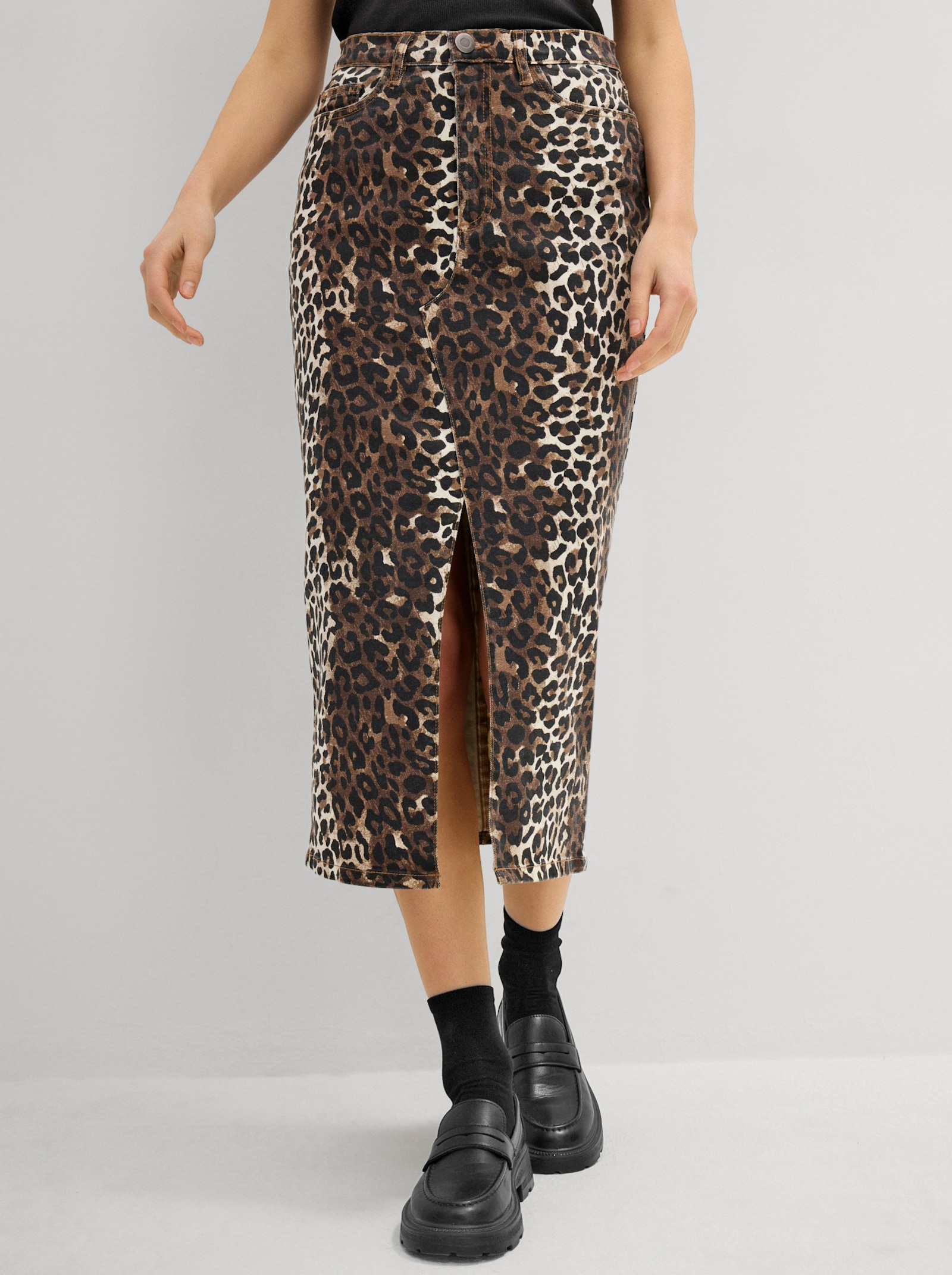 Jeansrock im Leo-Look - schoko-schwarz-bedruckt