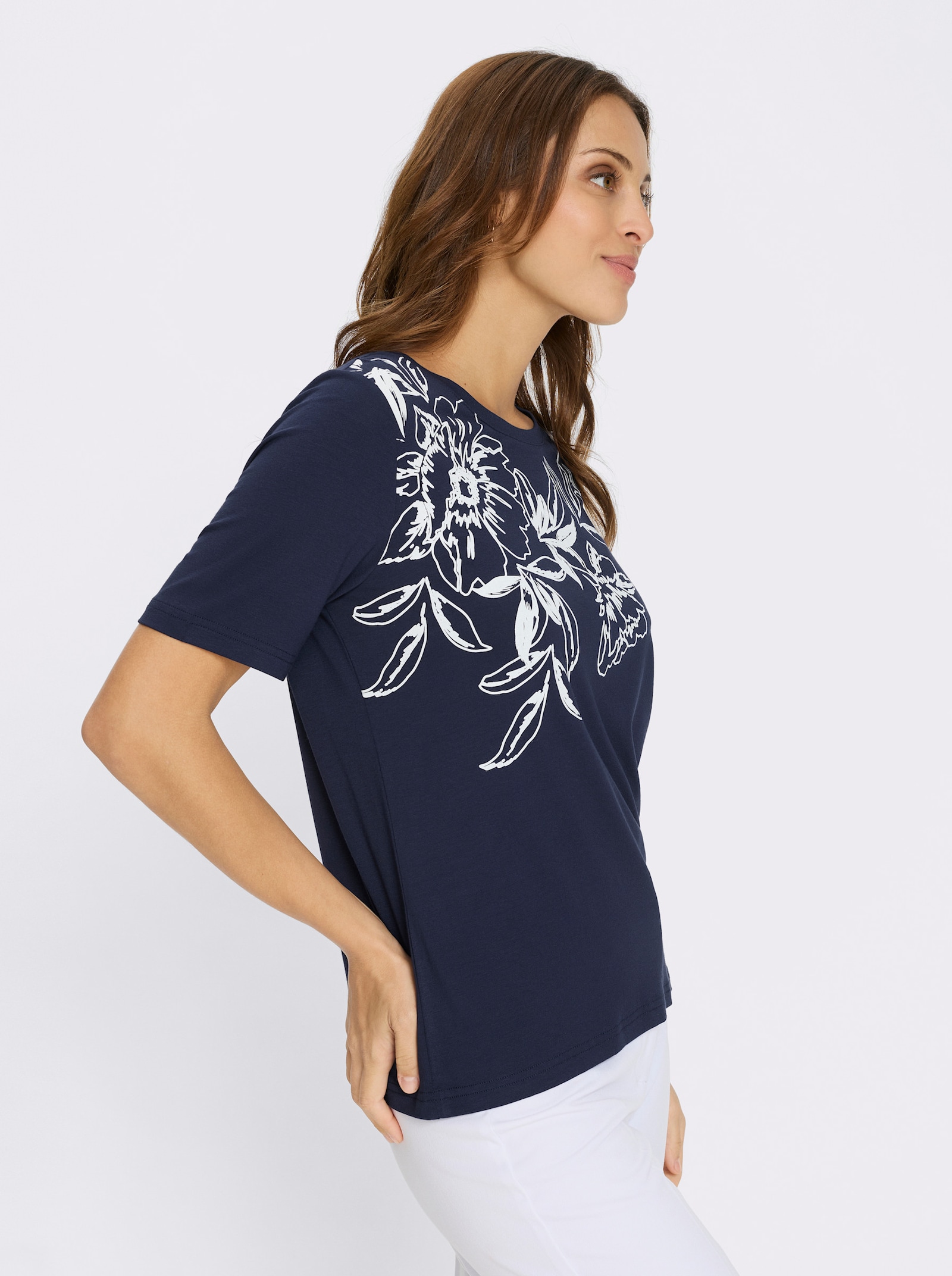 Kortärmad topp med blomtryck - marin-vit, tryckt