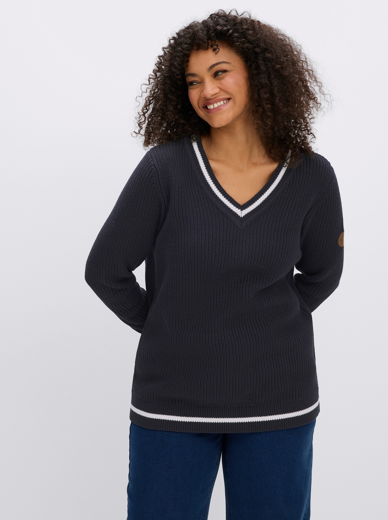 sheego Langarm-Pullover mit Kontrast-Details - tiefblau-ecru