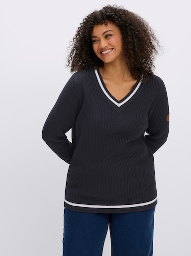 sheego Langarm-Pullover mit Kontrast-Details - tiefblau-ecru