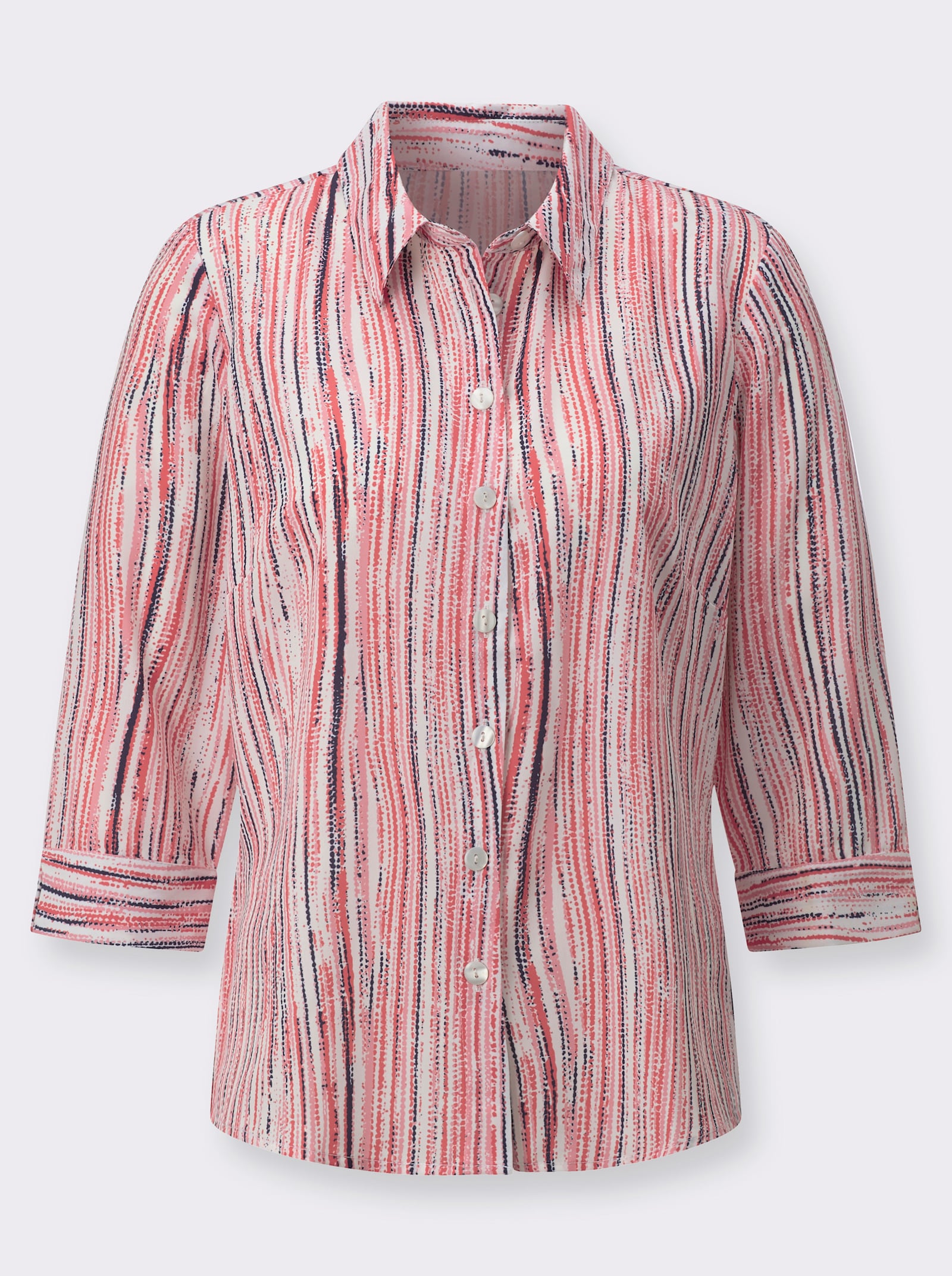 Gestreifte Bluse mit abgerundetem Saum - flamingo-ecru-bedruckt