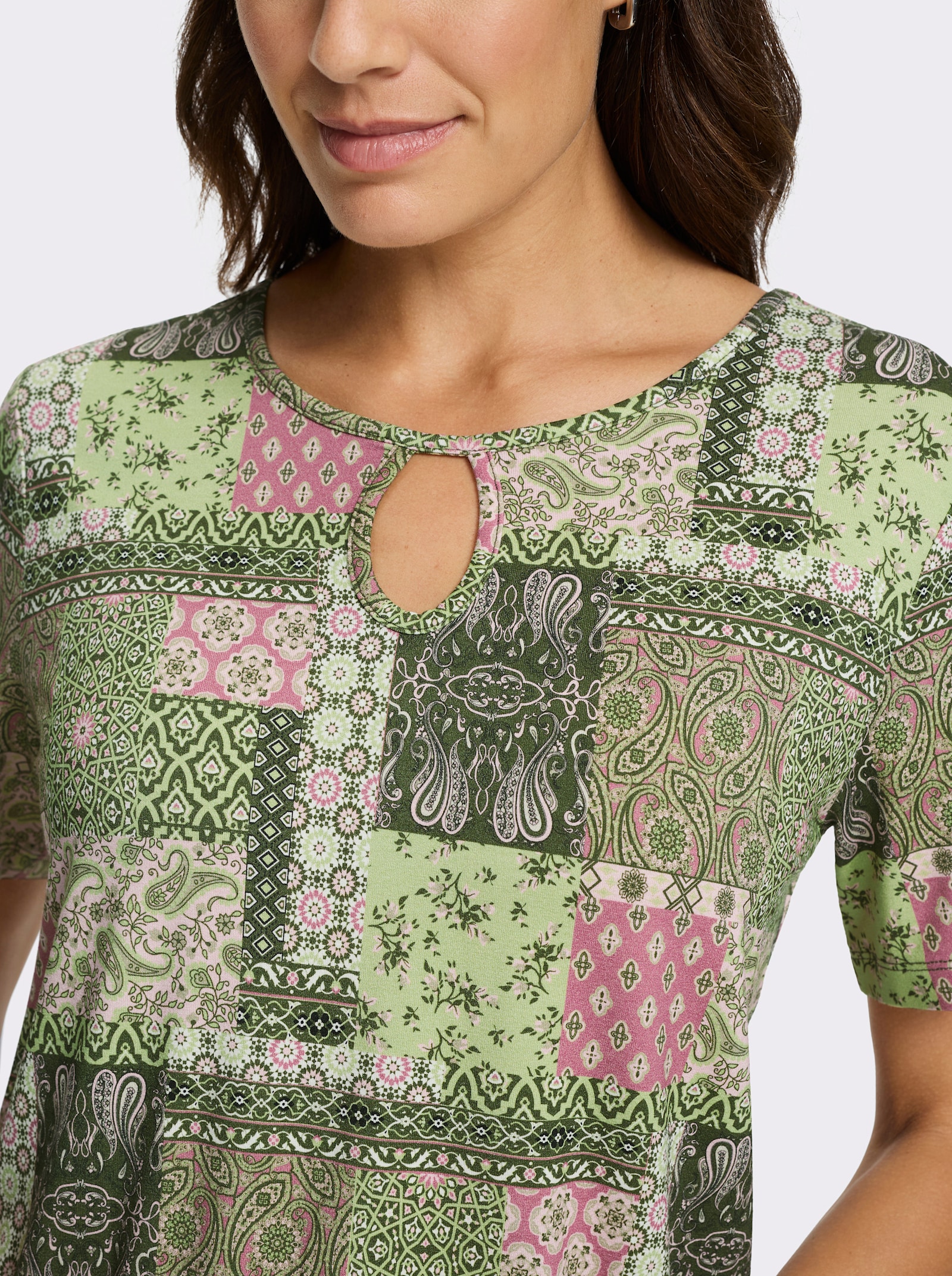 Tunikashirt mit Tropfen-Ausschnitt - altrosa-oliv-bedruckt