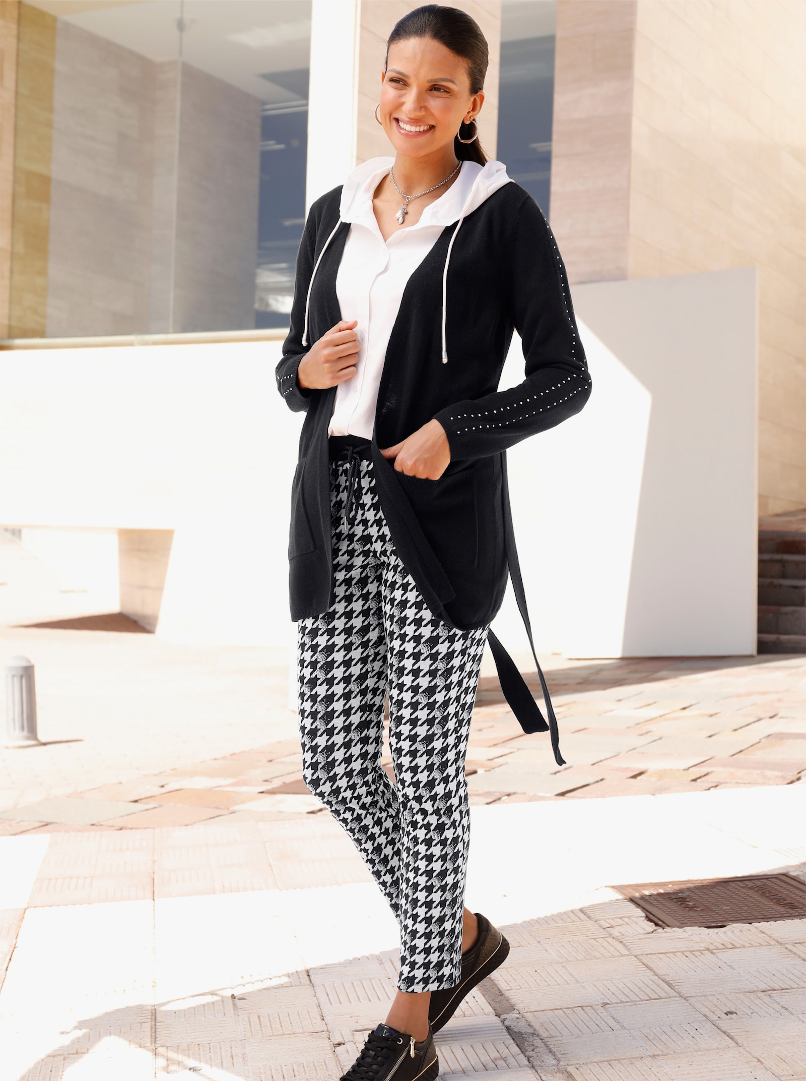 Comfortbroek in smal model, pied-de-poule - zwart/ecru geprint