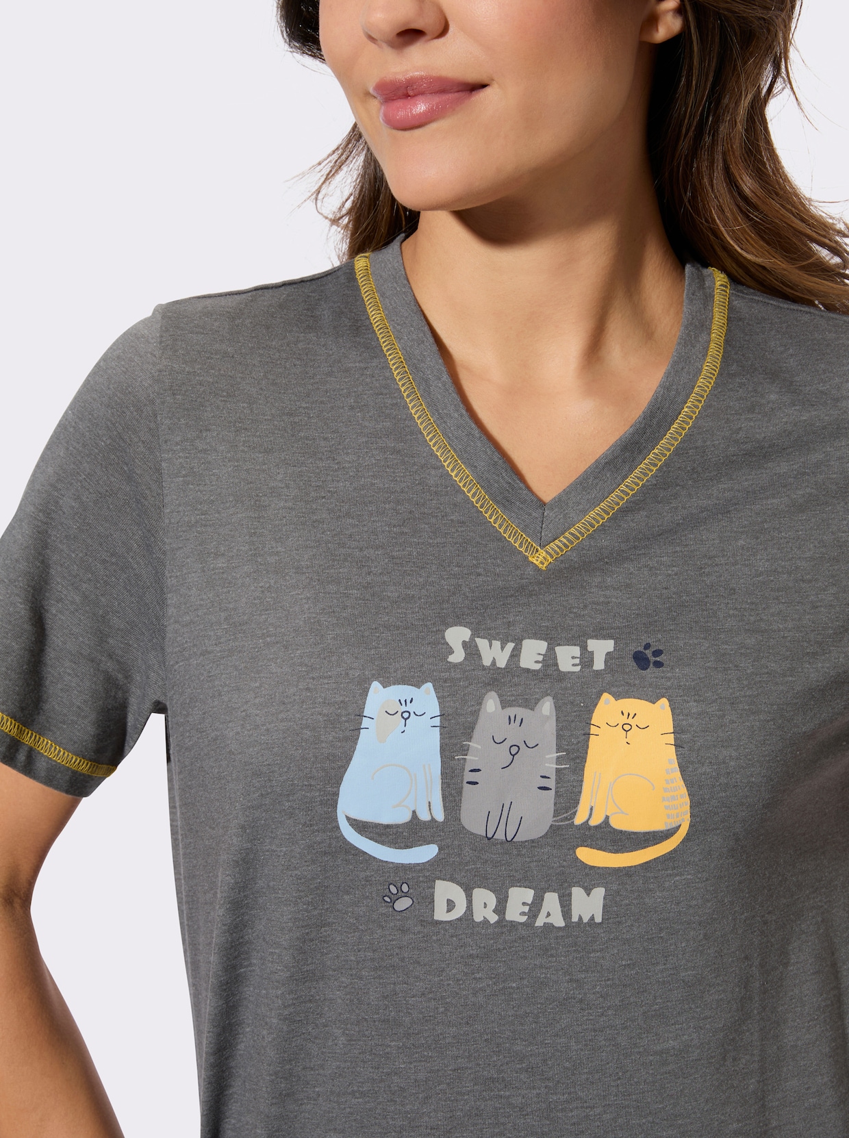 Shorty mit Katzen-Motiv - anthrazit-steingrau-bedruckt