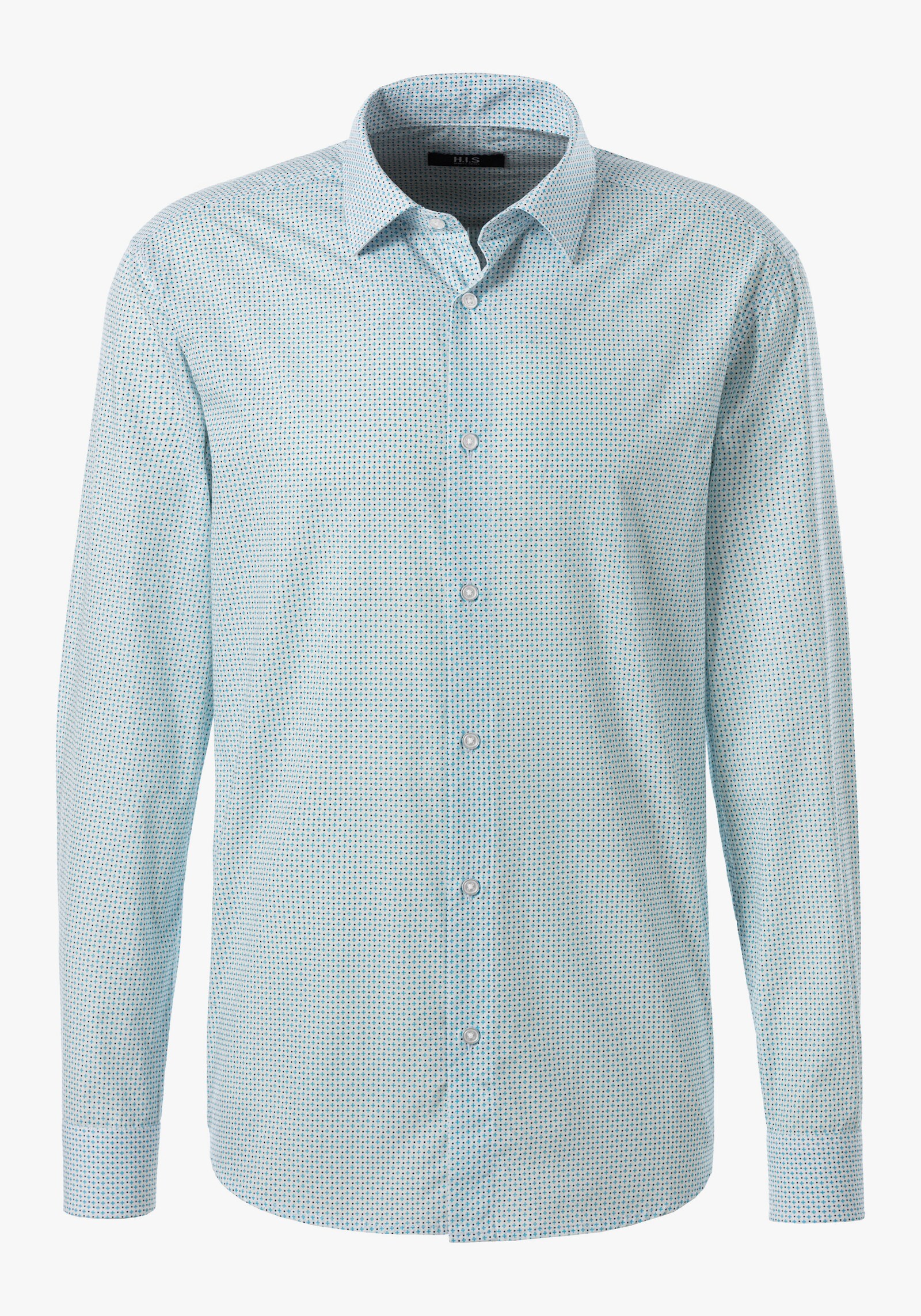 H.I.S Langarmhemd - weiß-hellblau-bedruckt
