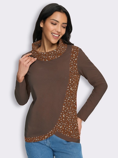 Rollkragenshirt mit abgerundetem Saum vorne - schoko-sand