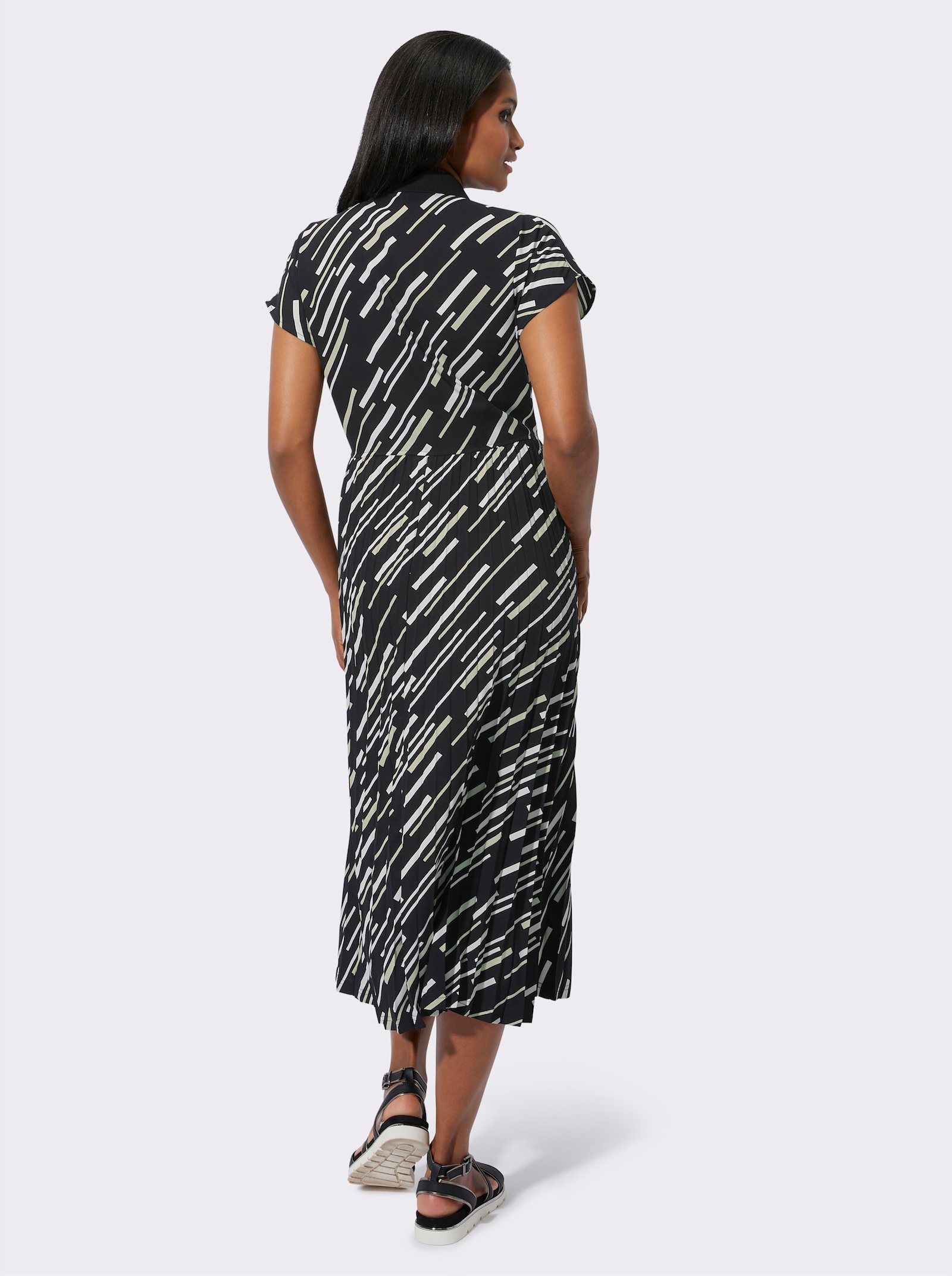 Plisséjurk met polokraag en V-hals - zwart/zand geprint