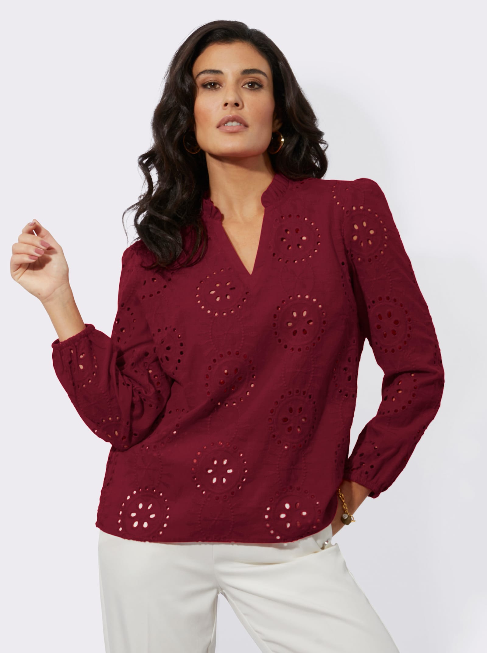 Katoenen blouse met ruches bij de kraag - donkerrood