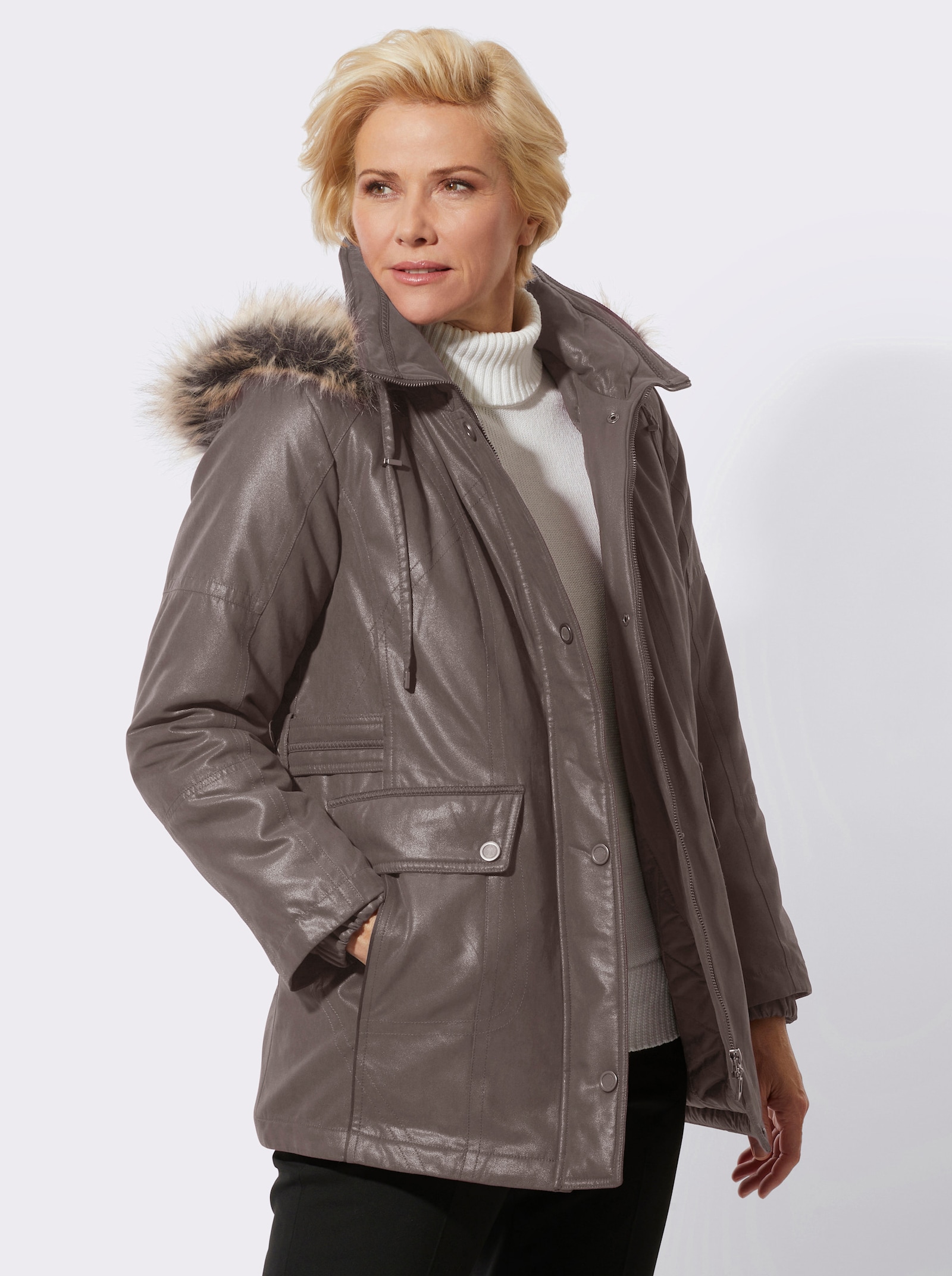 Jacke mit Pelz-Imitat-Besatz - dunkeltaupe