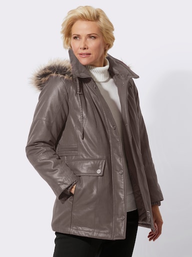 Jacke mit Pelz-Imitat-Besatz - dunkeltaupe