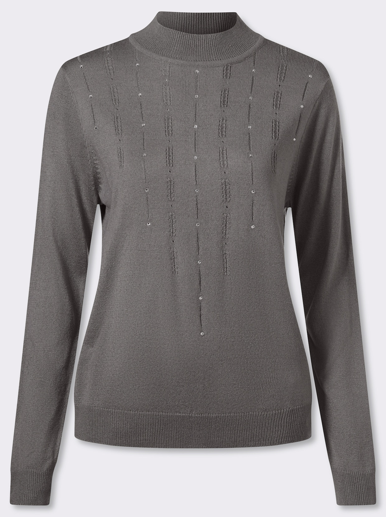 Stehkragenpullover Feinstrick mit Glitzersteinchen - grau