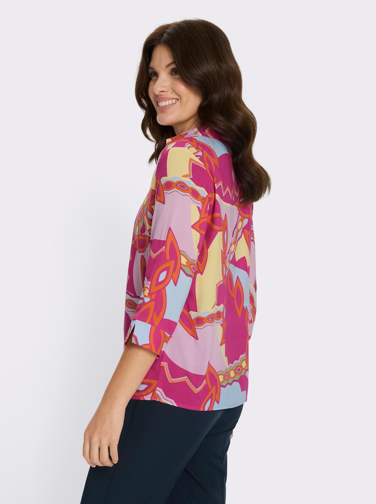 Schlupfbluse mit 3/4-Ärmel - fuchsia-zitrone-bedruckt