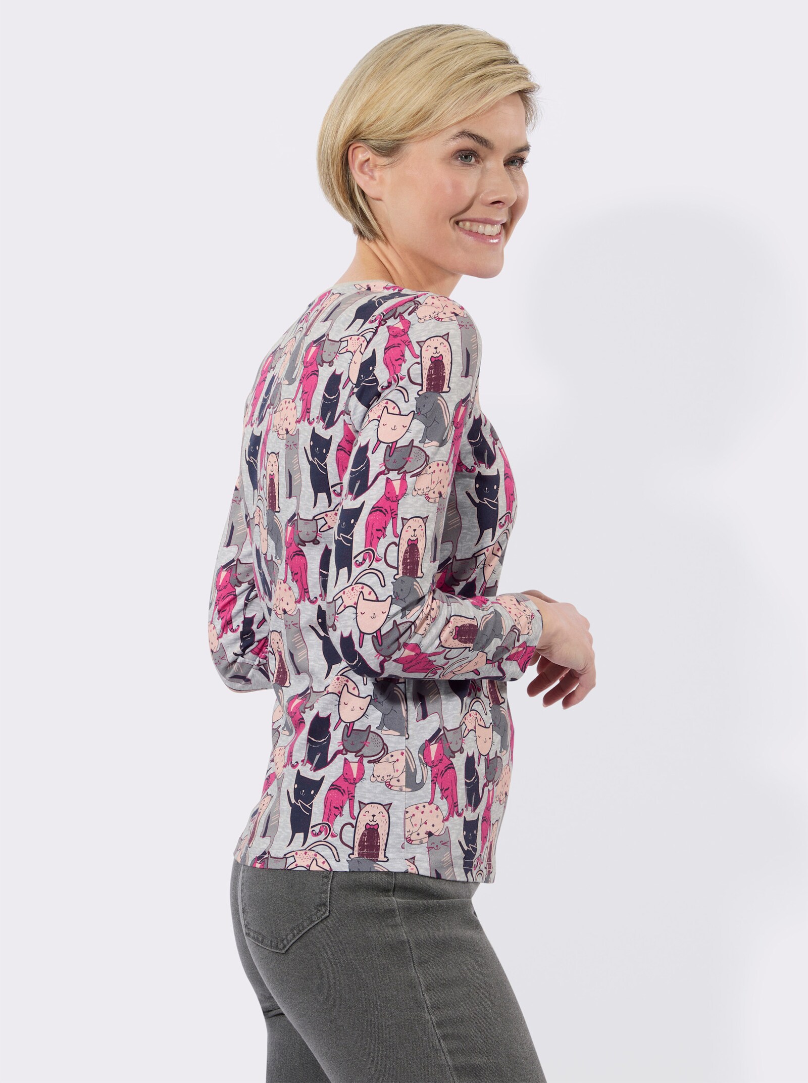 Print-Shirt mit Katzen-Dessin - steingrau-malve-bedruckt