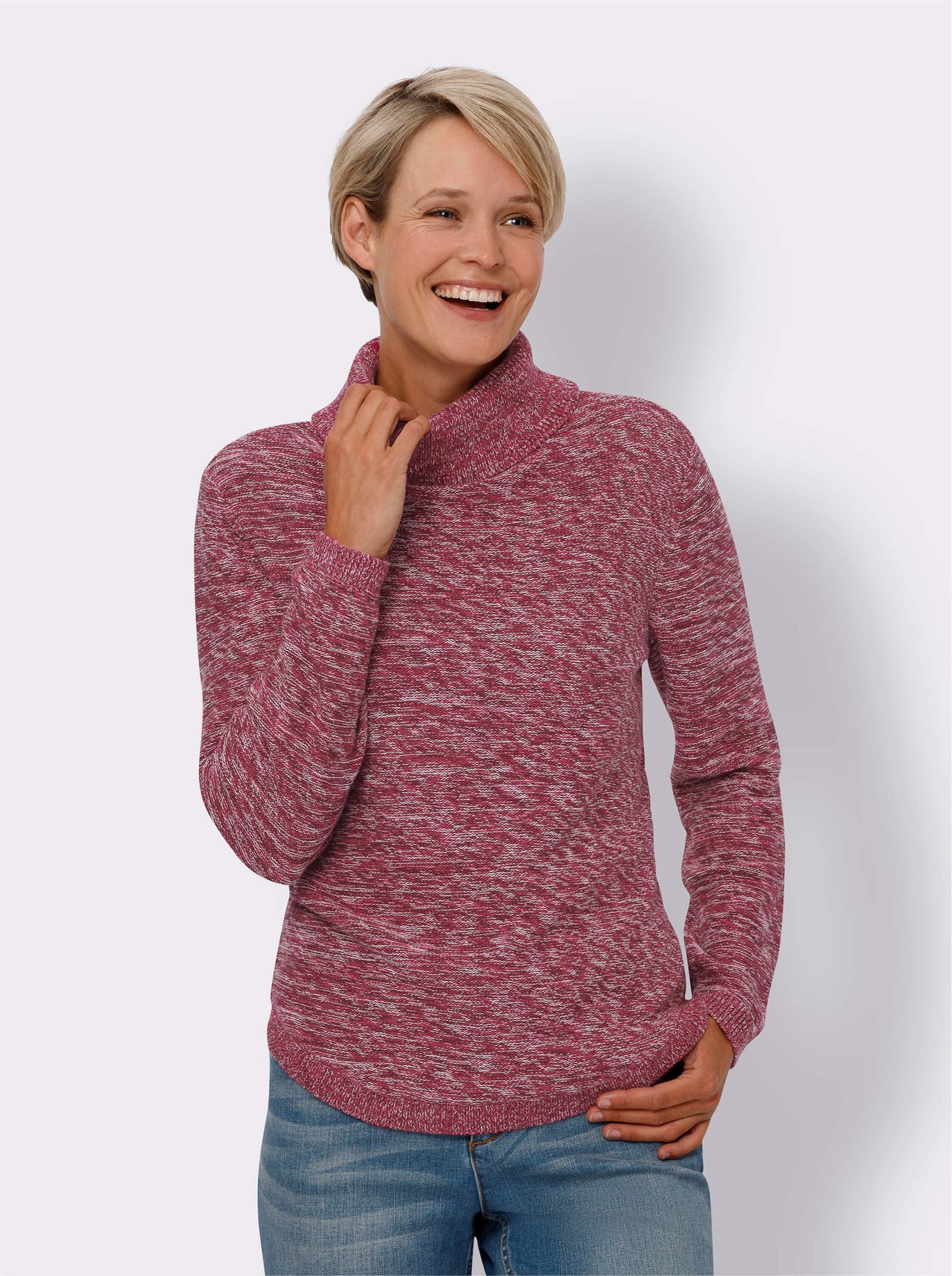 Rollkragenpullover in Baumwoll-Qualität - bordeaux-ecru-meliert