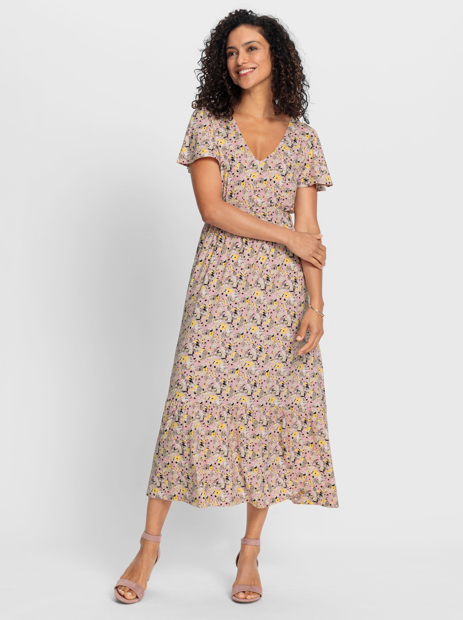 Jerseykleid mit Flügelärmeln - hortensie-gelb-bedruckt