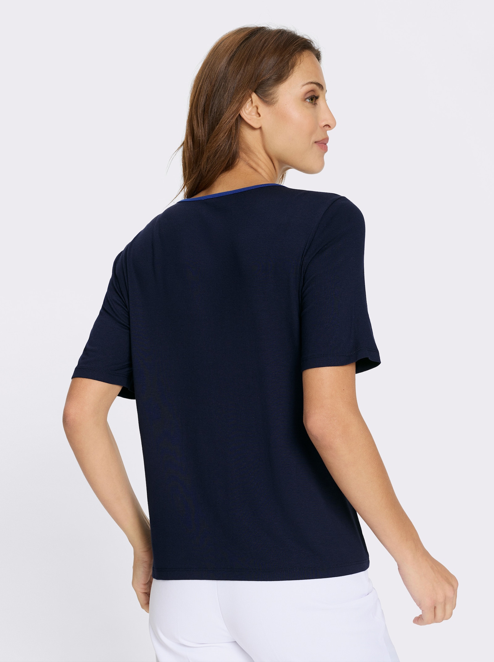 Kurzarmshirt mit einfarbigem Rückenteil - weiß-marine-bedruckt